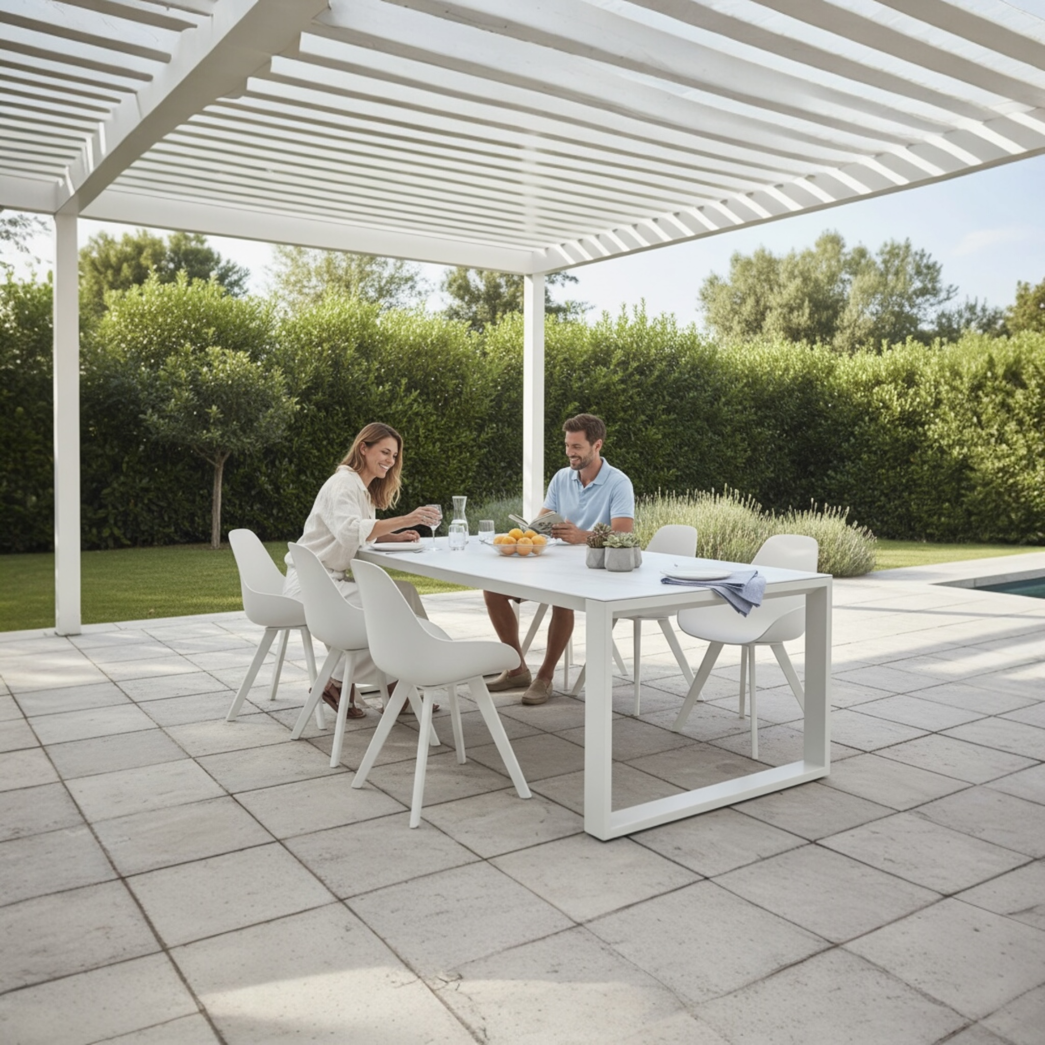 Table de jardin en aluminium haut de gamme blanche avec plateau en verre 240 cm, design luxe et épuré, assises en tissu 100%.
