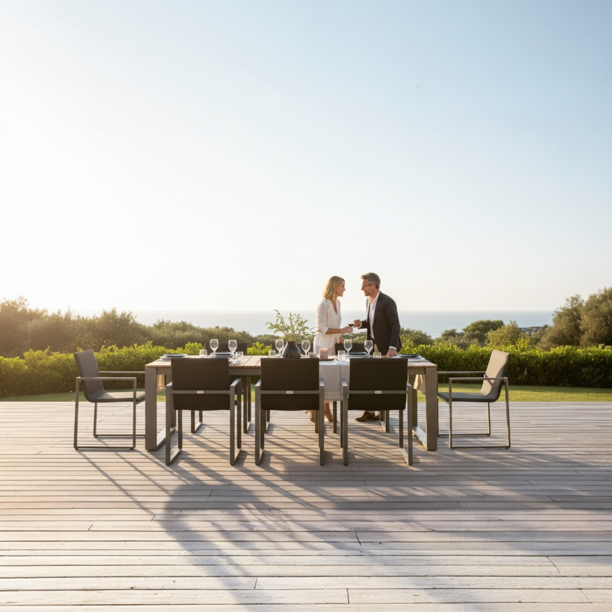 Table de jardin 240 cm en teck FSC et aluminium haut de gamme noir, design élégant méditerranéen avec chaises assorties.