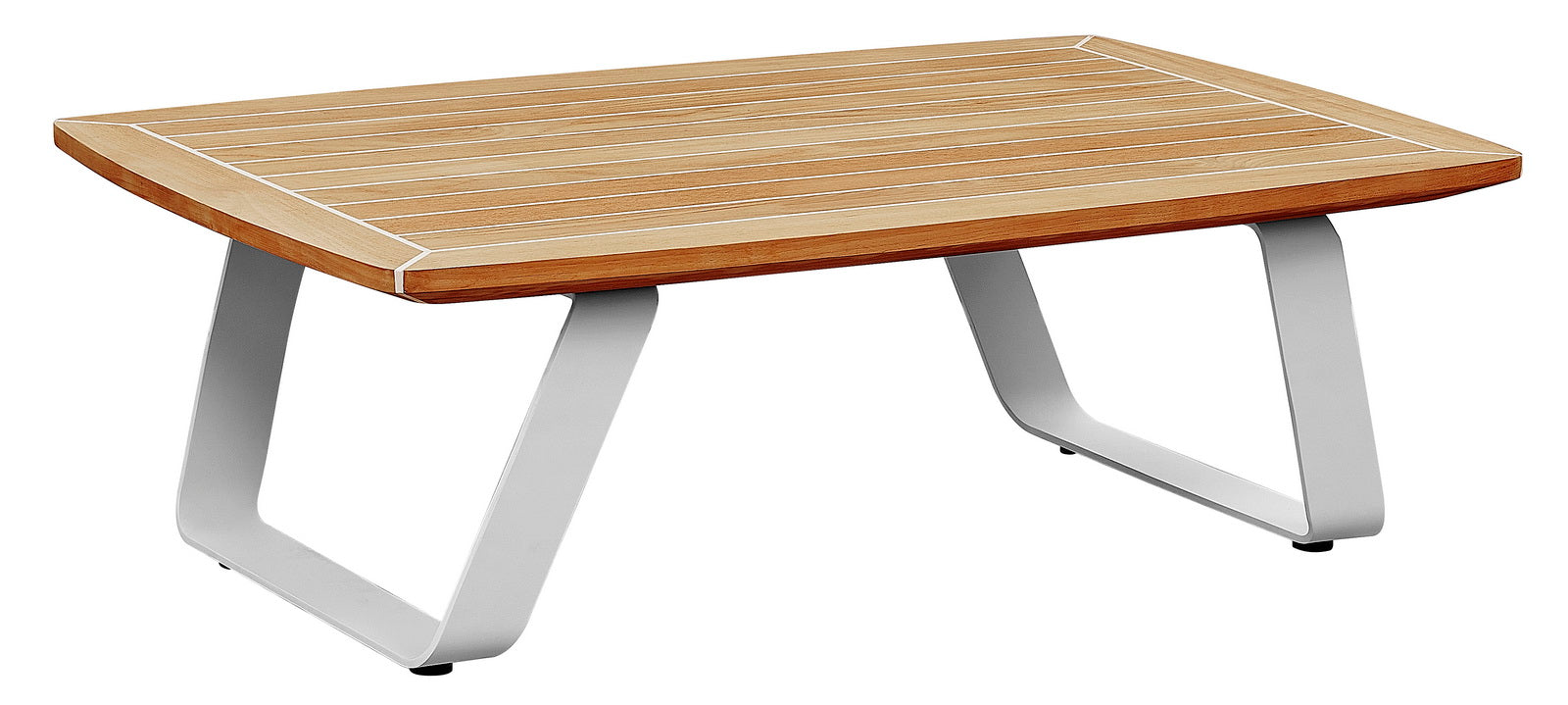 Table basse carrée luxe en Teck FSC, plateau élégant à lattes fines, pieds en aluminium blanc design Pininfarina, style.