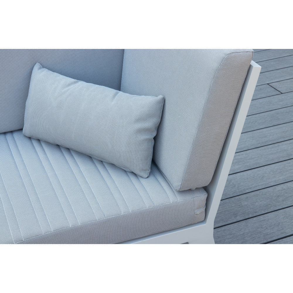 Salon de jardin d'angle en aluminium haut de gamme blanc, coussins en tissu oléfine gris clair, housse déperlante.