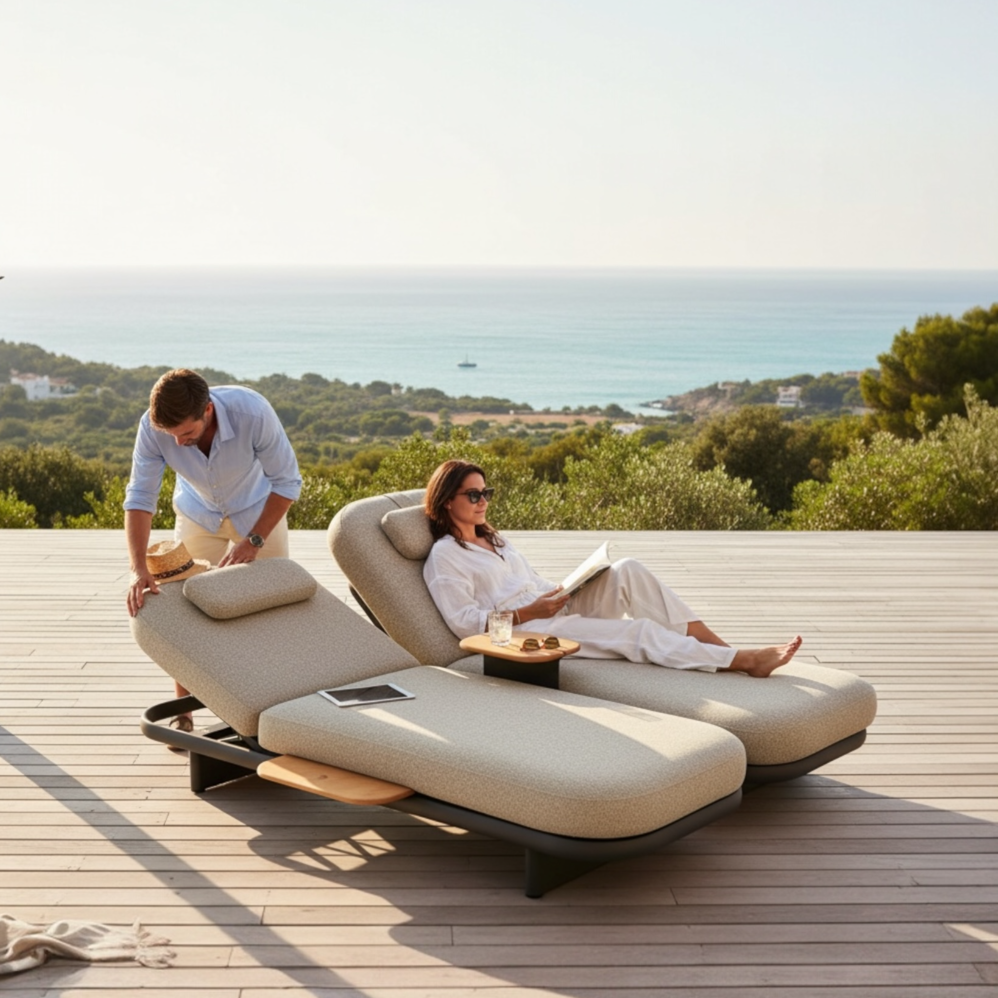 Bain de soleil double ROSA gris anthracite, structure aluminium et dossier réglable