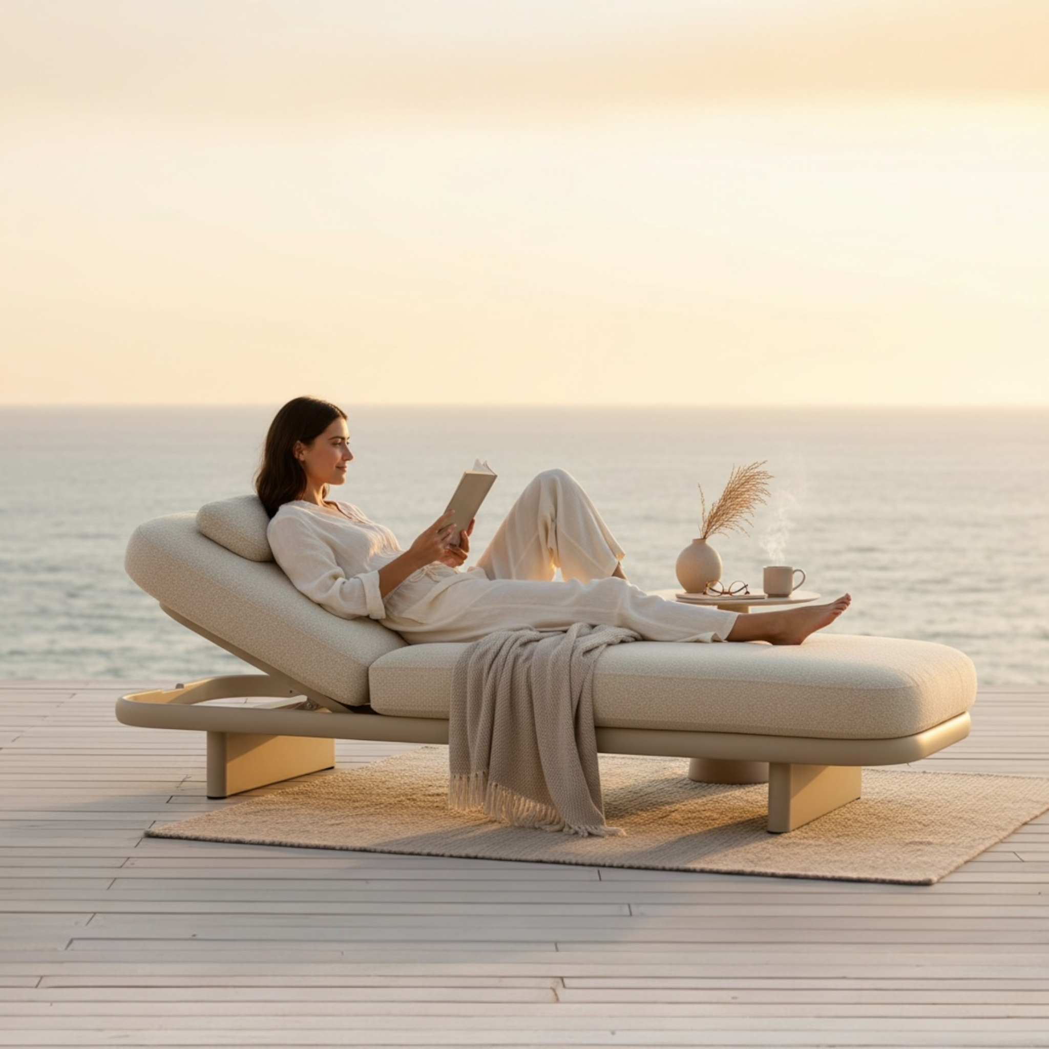 Bain de soleil ROSA beige en aluminium avec roulettes - vue d'ensemble