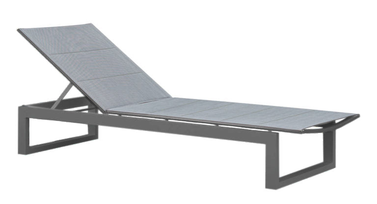 Bain de soleil en aluminium haut de gamme noir, dossier réglable, tissu 100% oléfine déperlant et déhoussable, design.