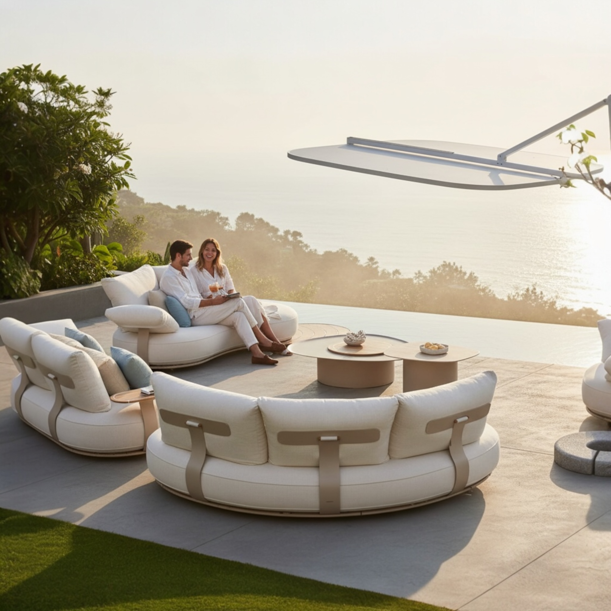 Salon de jardin modulable ELYO XL design italien en aluminium thermolaqué beige avec canapés courbes organiques, fauteuils pivotants et tables basses, capacité 7-8 personnes