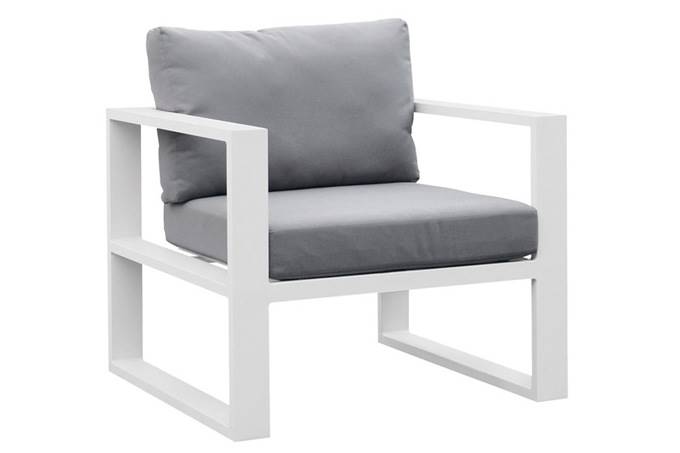 Fauteuil modulable en aluminium blanc au design épuré, coussins gris doux, style haut de gamme pour jardin extérieur luxe.
