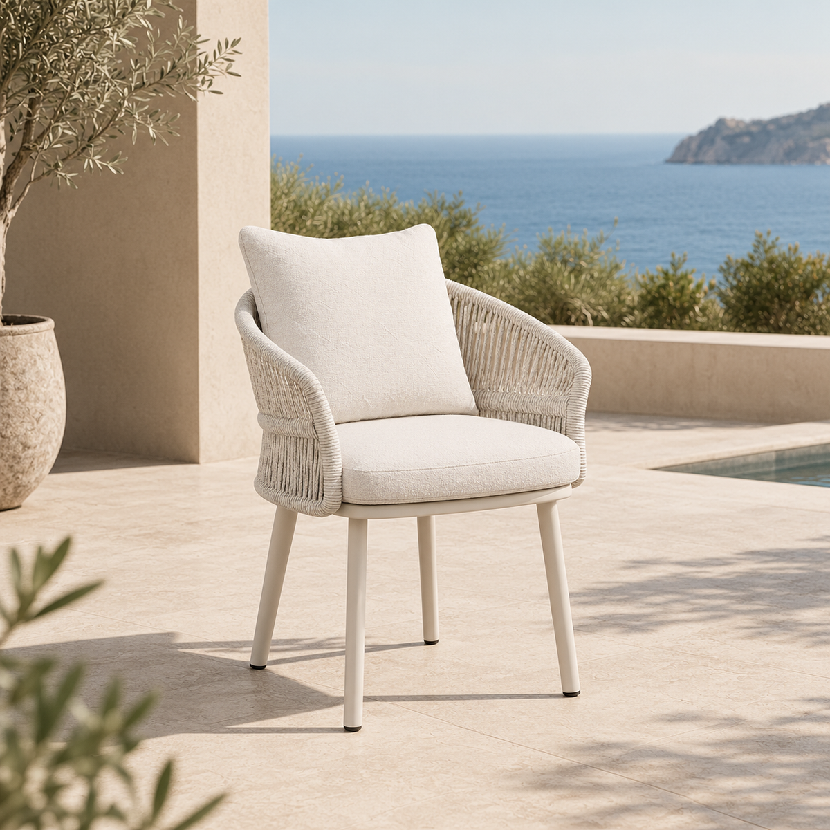 Fauteuil de repas extérieur LASKA beige - structure aluminium et teck, coussins oléfine, design italien