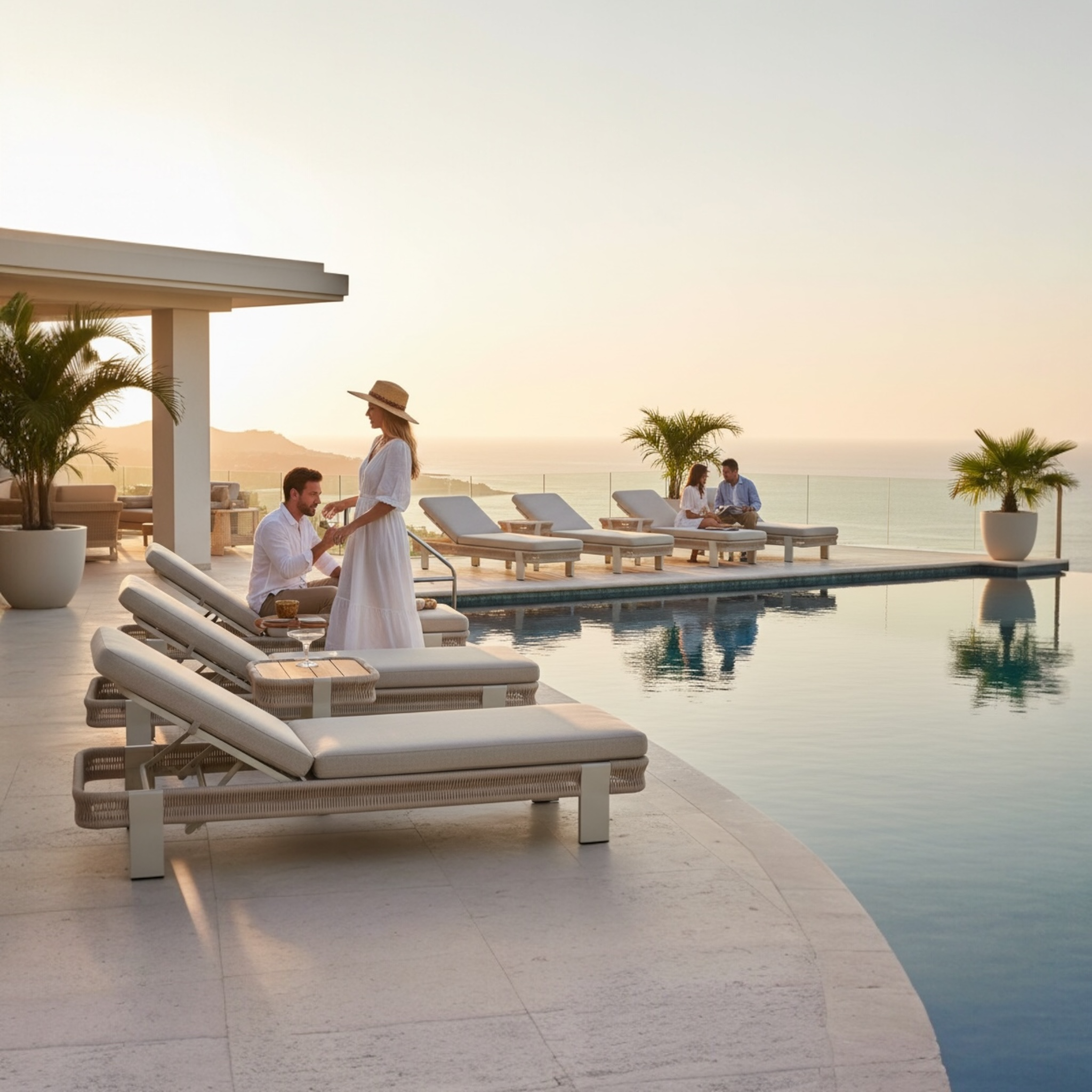 Duo de bains de soleil OLBY design italien en aluminium, corde tressée et teck avec dossier 4 positions réglables au bord de la piscine à débordement.