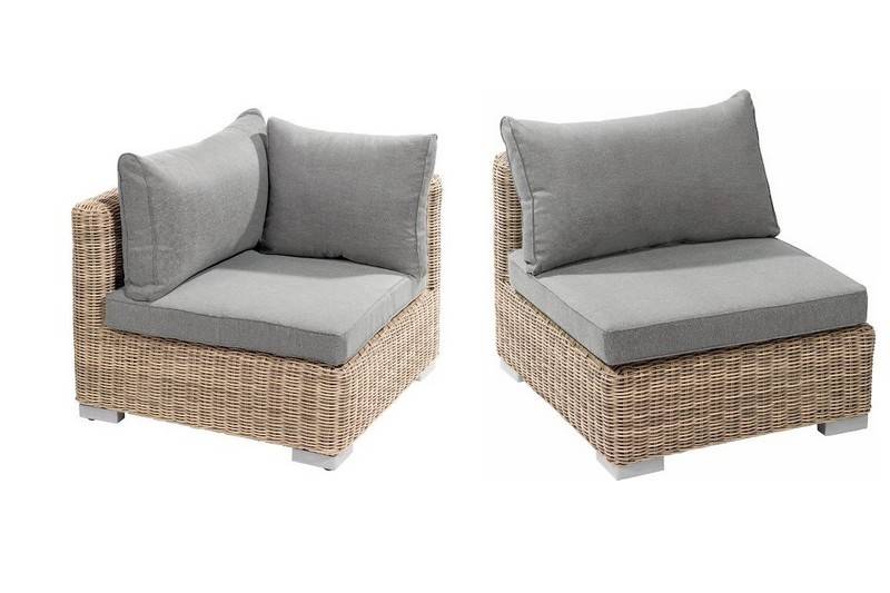 Salon de jardin modulable en résine tressée ronde couleur naturelle, coussins gris déhoussables et déperlants, style.