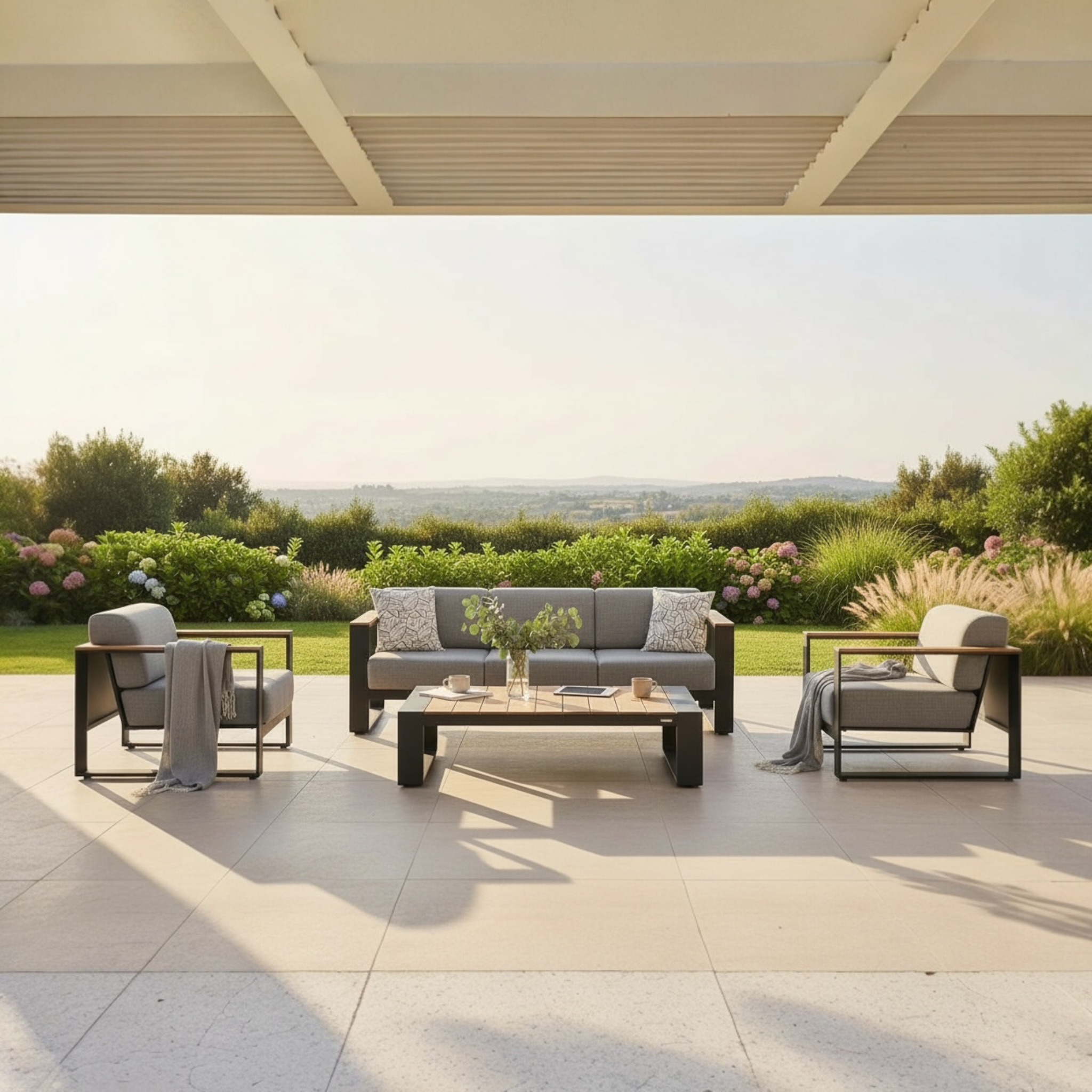 Canapé de jardin 5 places en aluminium et teck SFC, coussins déhoussables en tissu acrylique déperlant, design contemporain.