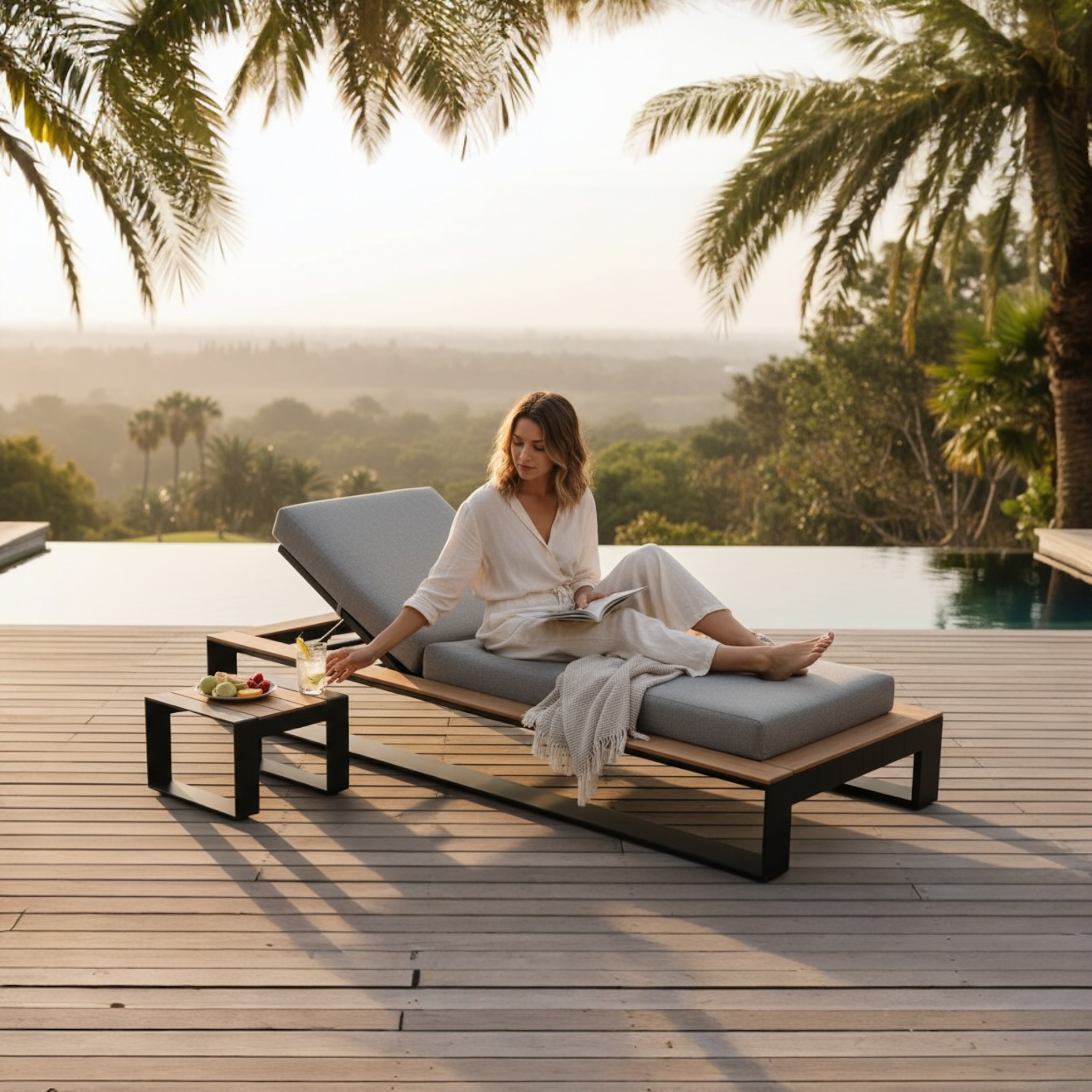 Bain de soleil contemporain en aluminium noir et Teck SFC, coussin déhoussable en tissu acrylique gris déperlant, design.