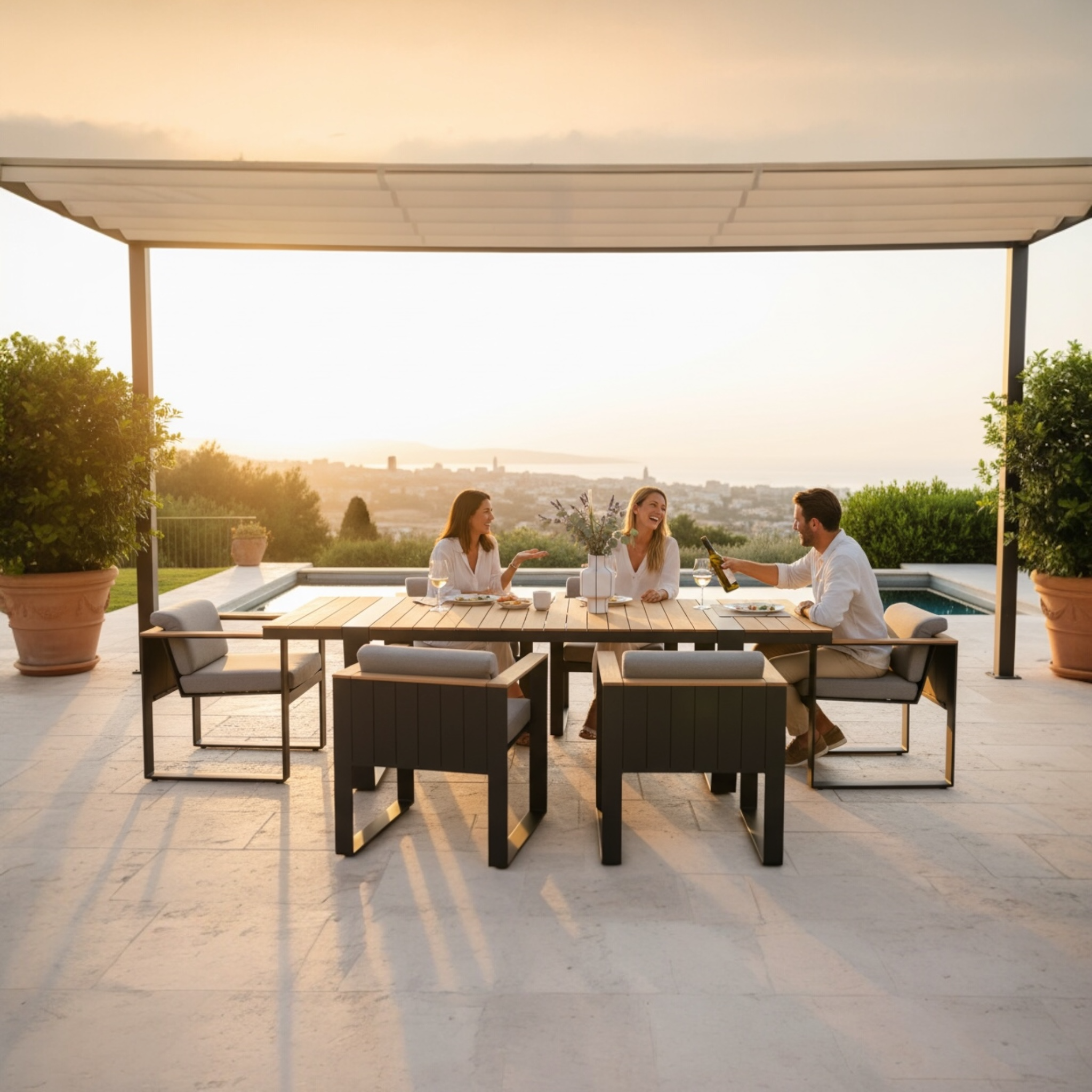 Ensemble repas extérieur contemporain en aluminium et Teck SFC, six chaises avec coussins déhoussables en tissu acrylique.