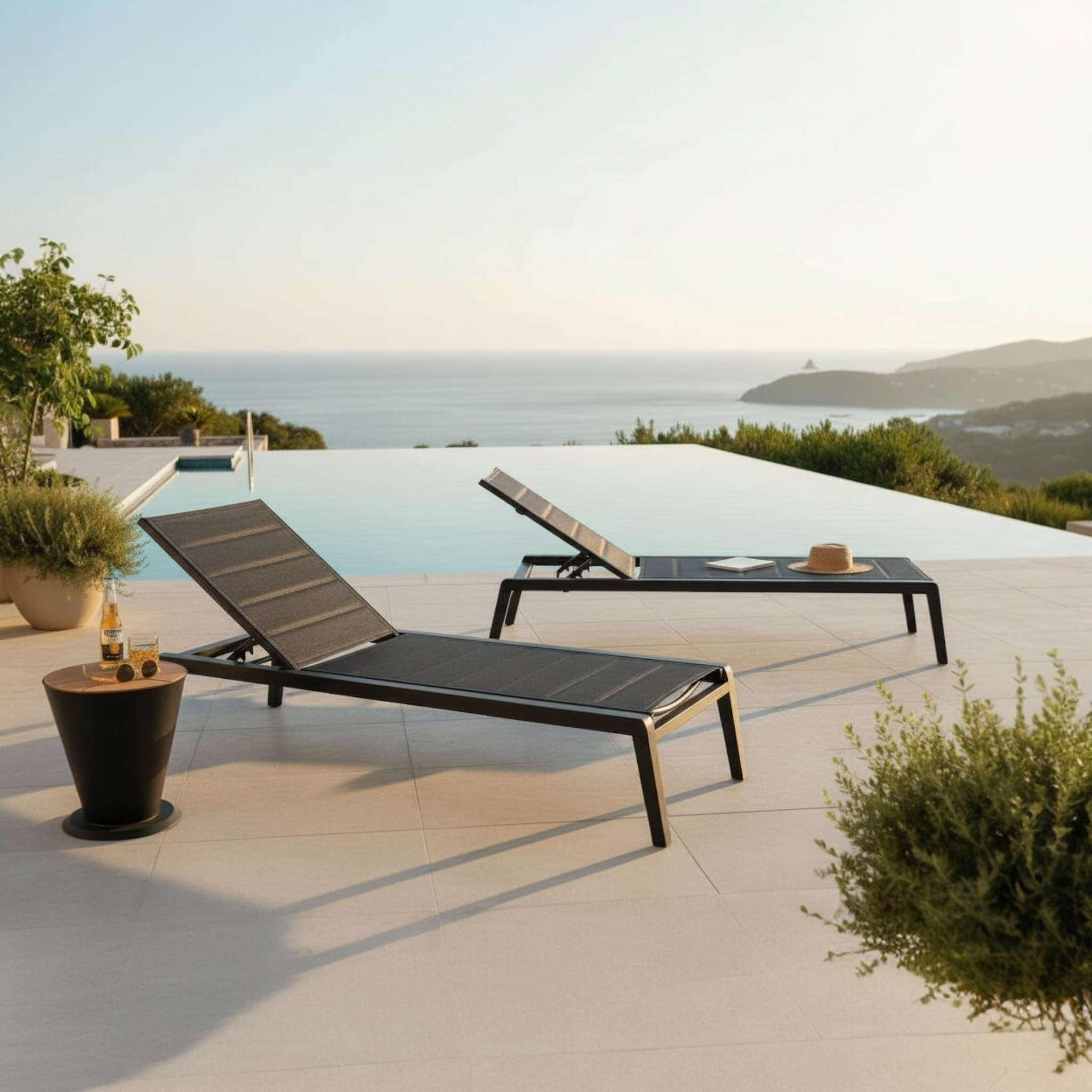 Bain de soleil empilable en aluminium haut de gamme noir, avec tissu oléfine gris, design élégant et minimaliste. 