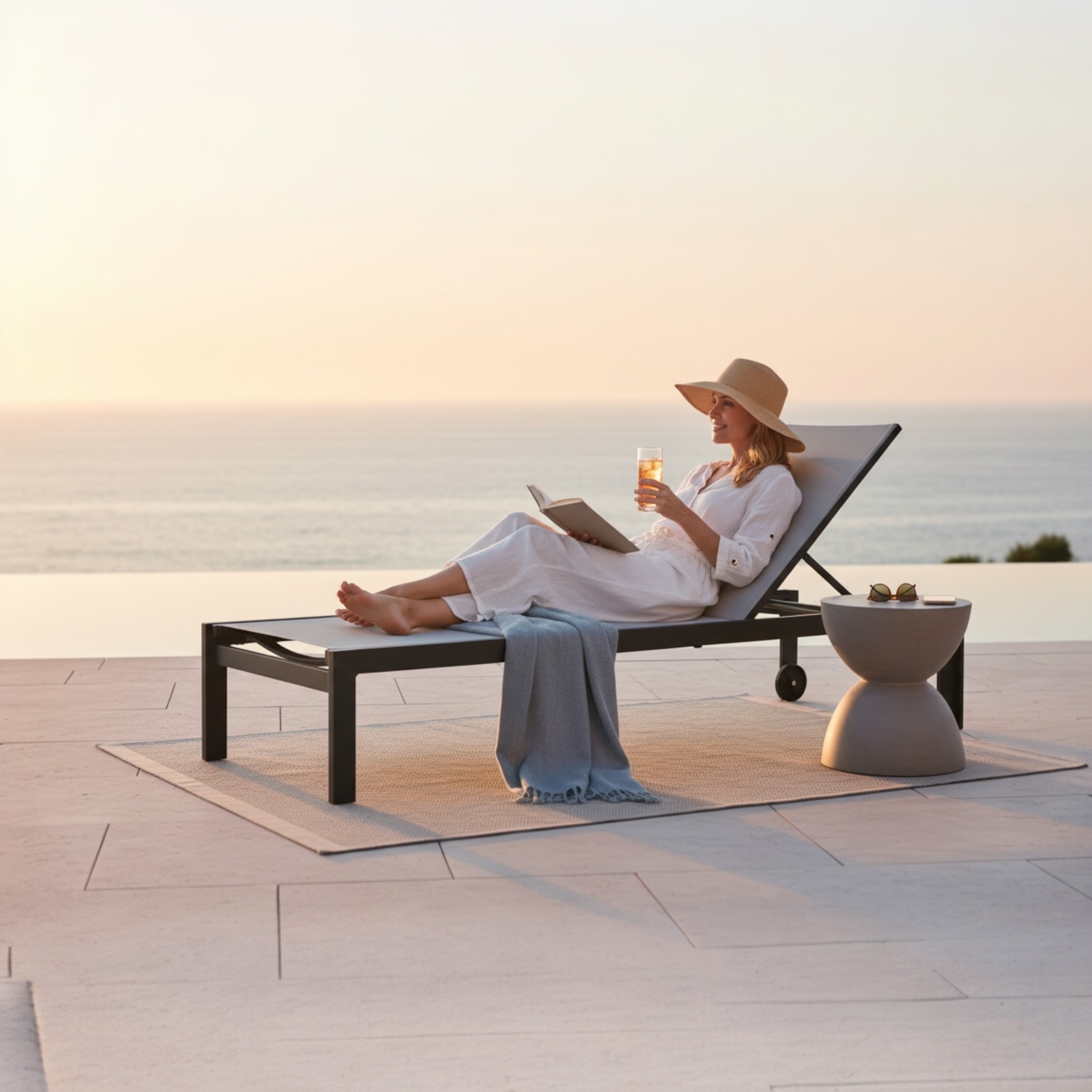 Bain de soleil en aluminium haut de gamme noir avec textilène, peinture époxy, design élégant et roulette, posé sur terrasse. 
