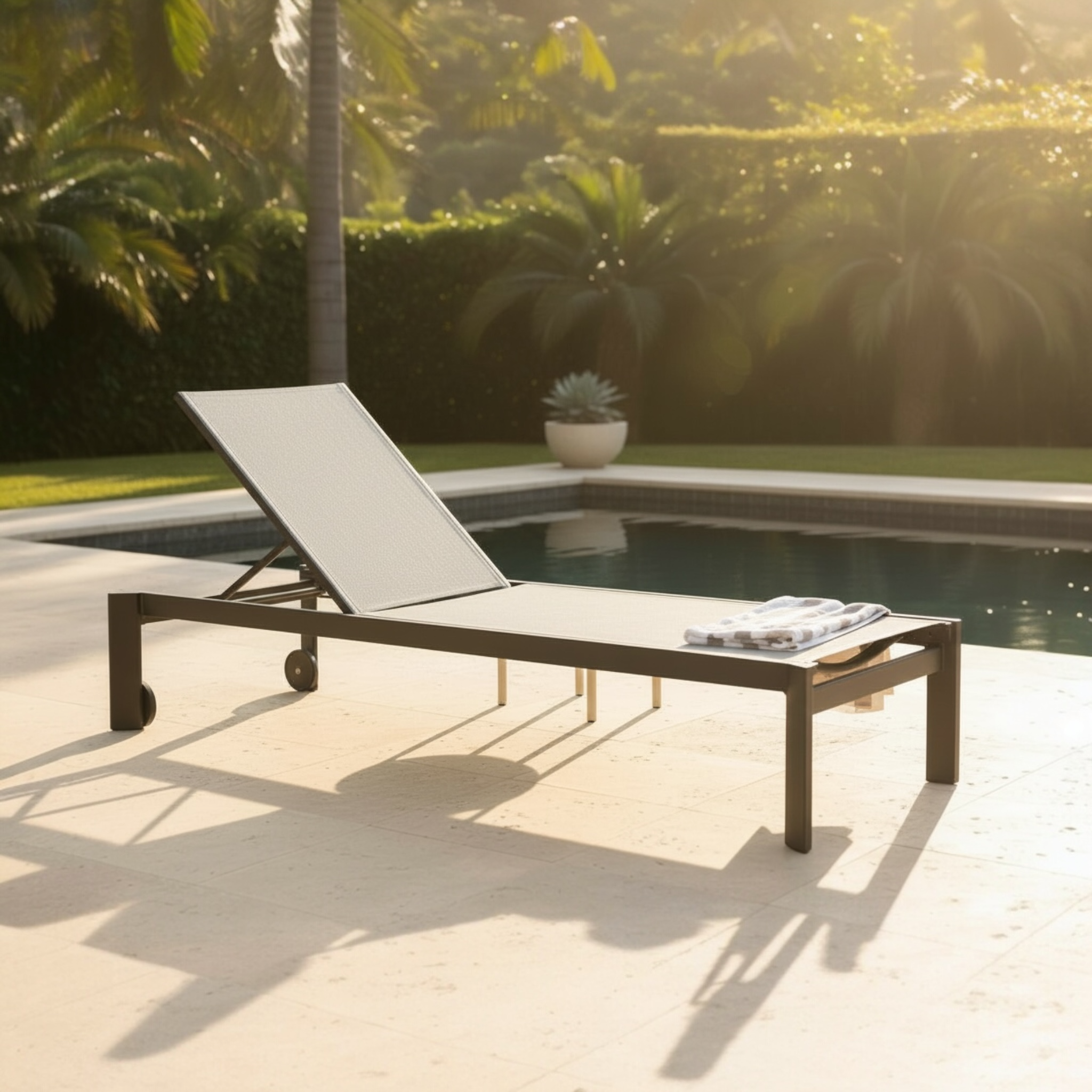 Bain de soleil noir en aluminium haut de gamme avec assise en textilène, cadre élégant à peinture époxy, design épuré. 