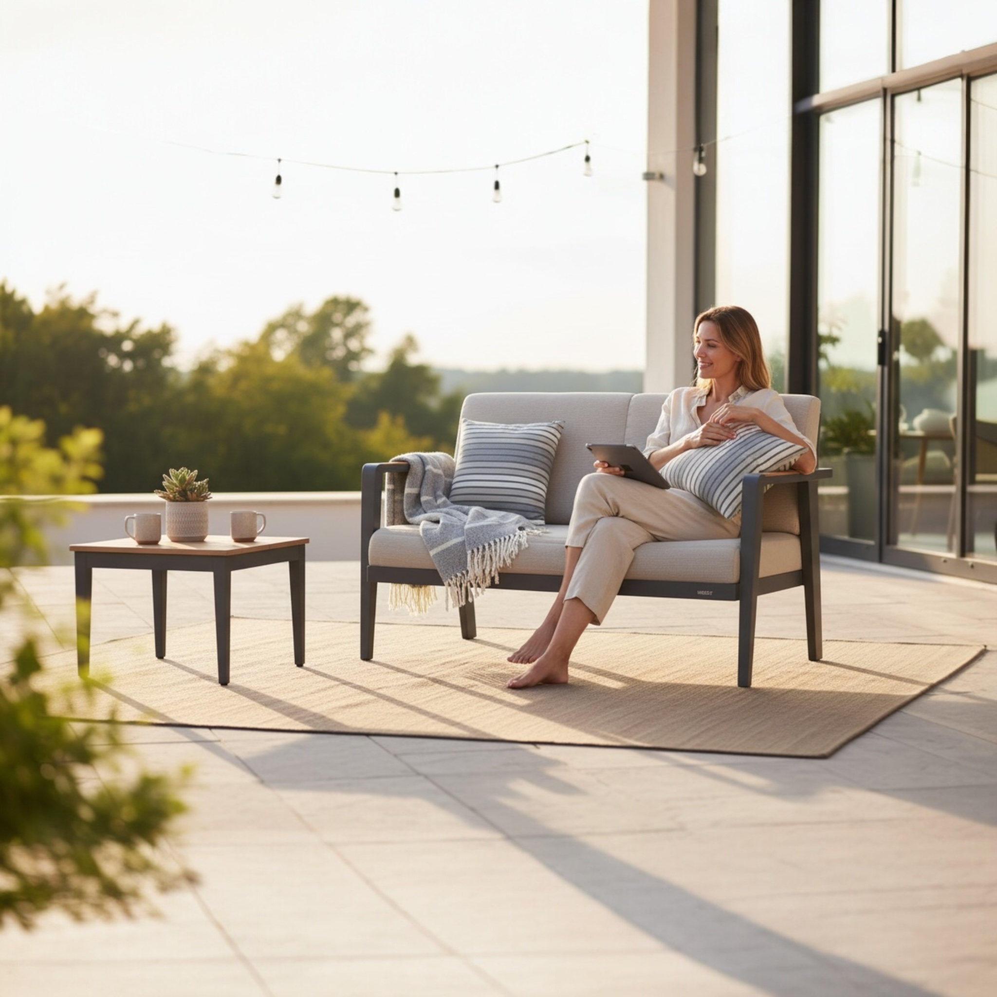 Canapé 2 places de jardin en aluminium haut de gamme et teck FSC, coussins en tissu oléfine déperlant et déhoussable, design. 
