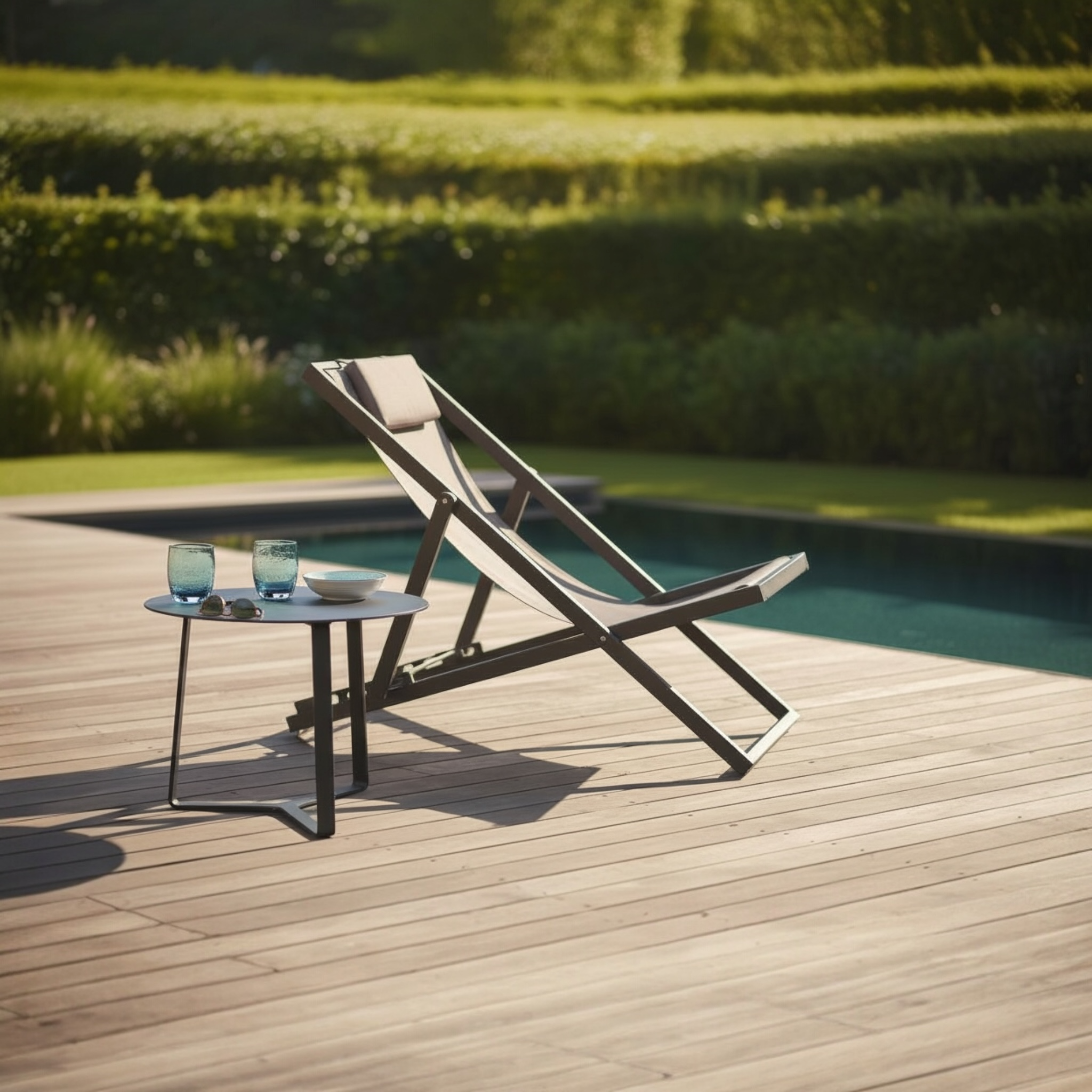 Chilienne de relaxation en aluminium gris anthracite et toile en textilène gris avec têtière. 