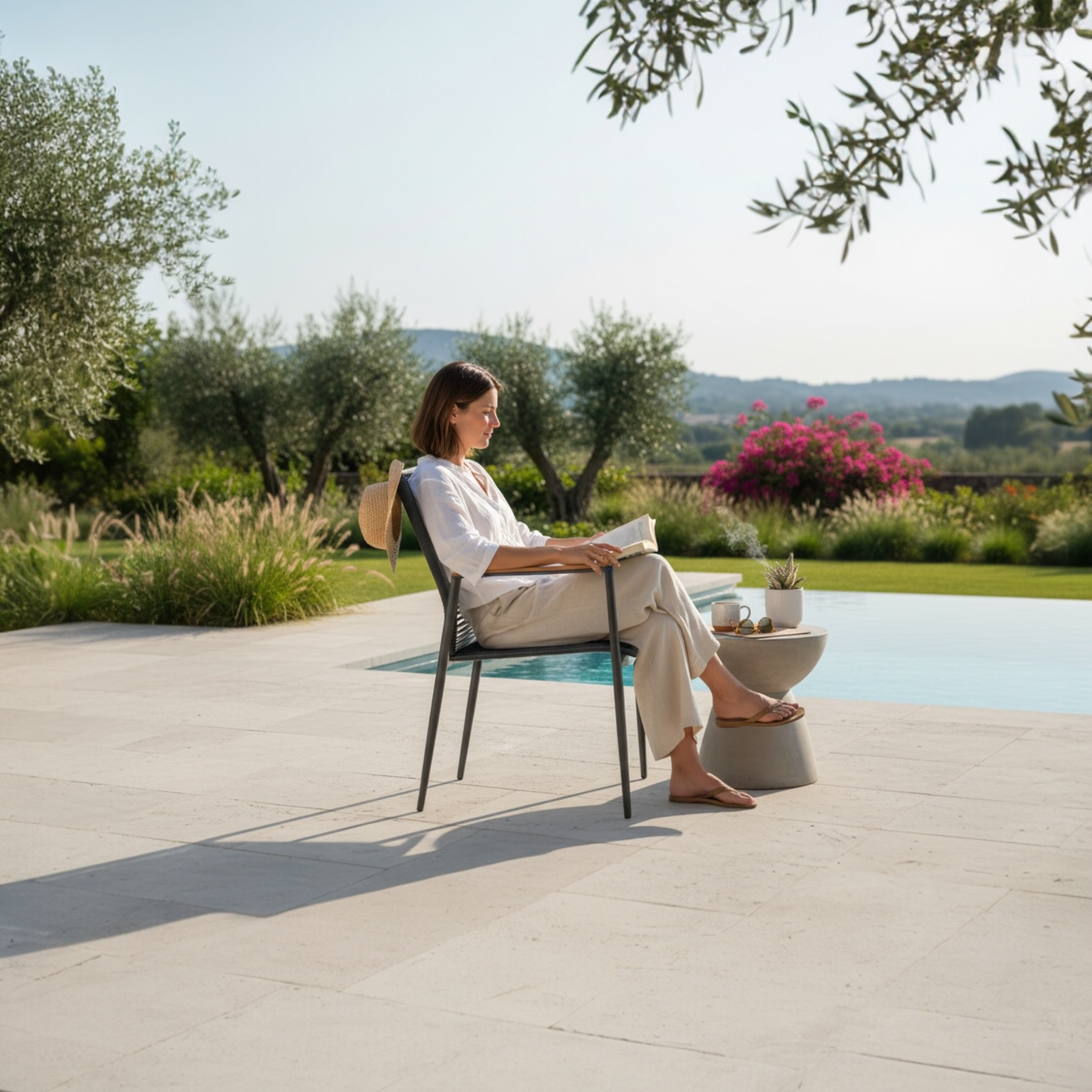 Chaise repas jardin empilable en aluminium haut de gamme inoxydable, design épuré avec accoudoirs noirs, élégance.