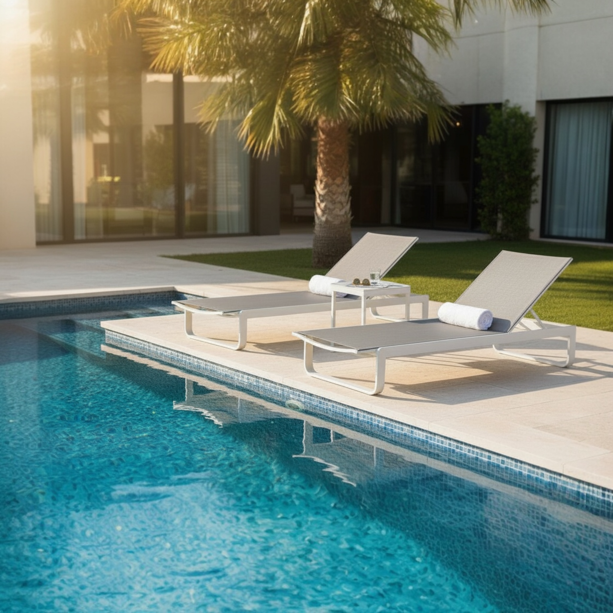 Duo de bains de soleil en aluminium haut de gamme avec textilène beige, finition peinture epoxy élégante, roulettes.