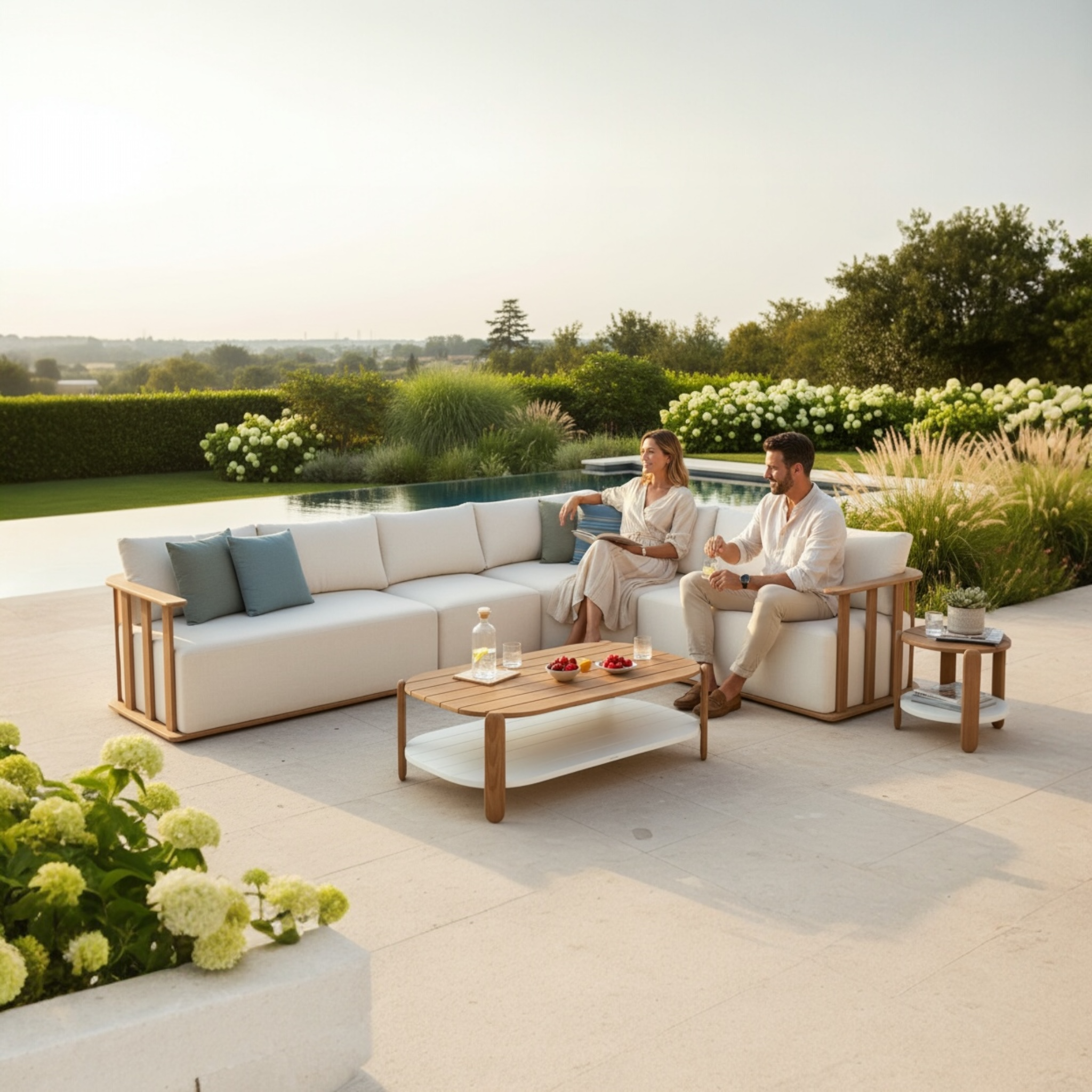Salon de jardin d'angle en teck FSC massif avec coussins en tissu acrylique déperlant et housse déhoussable, design italien.