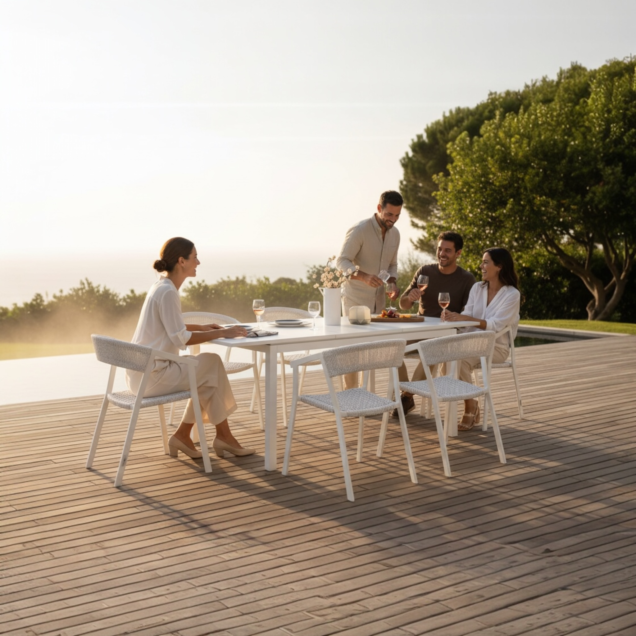 Table extensible en aluminium haut de gamme inoxydable blanc, design épuré méditerranéen. 