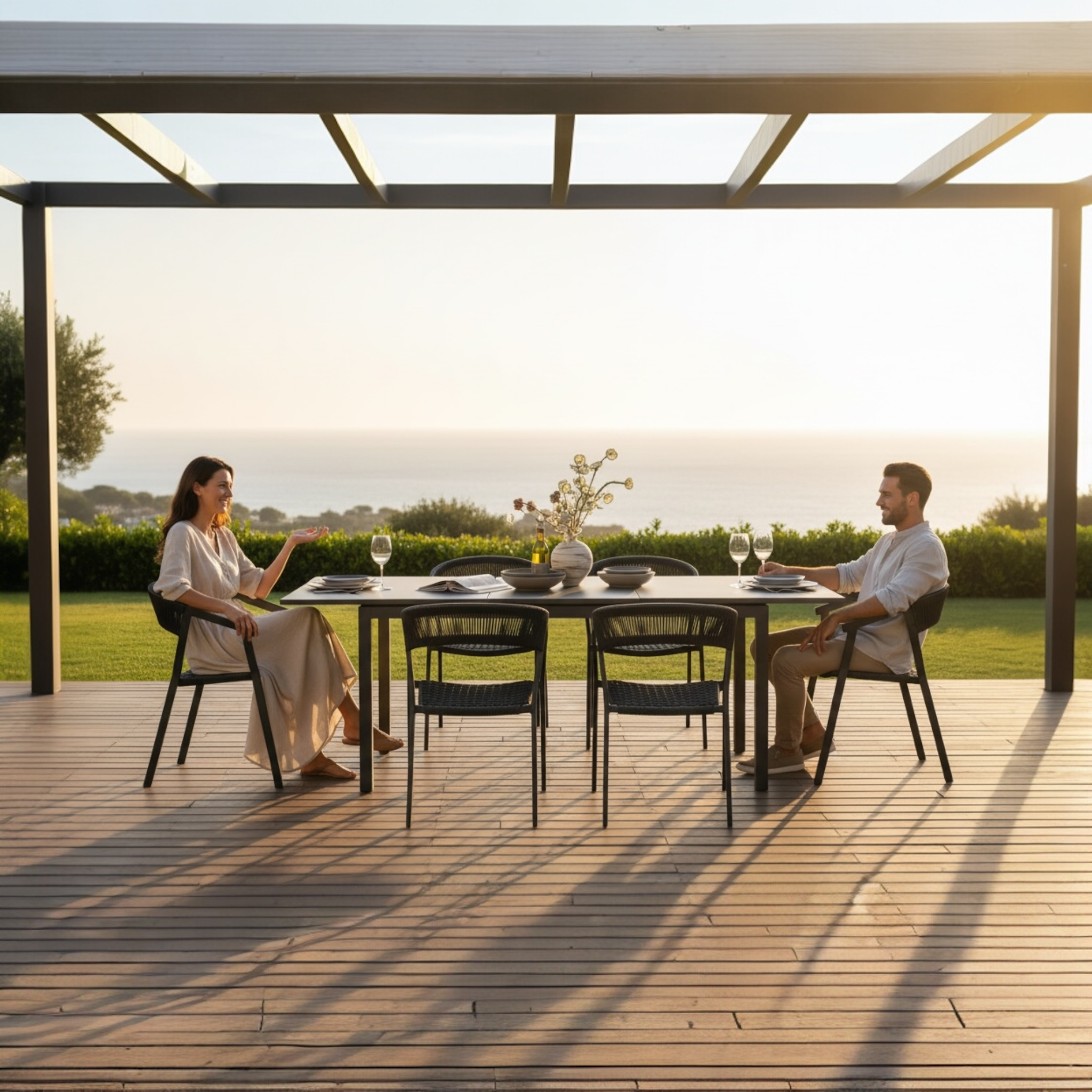 Table extensible en aluminium haut de gamme inoxydable noir, design élégant méditerranéen.