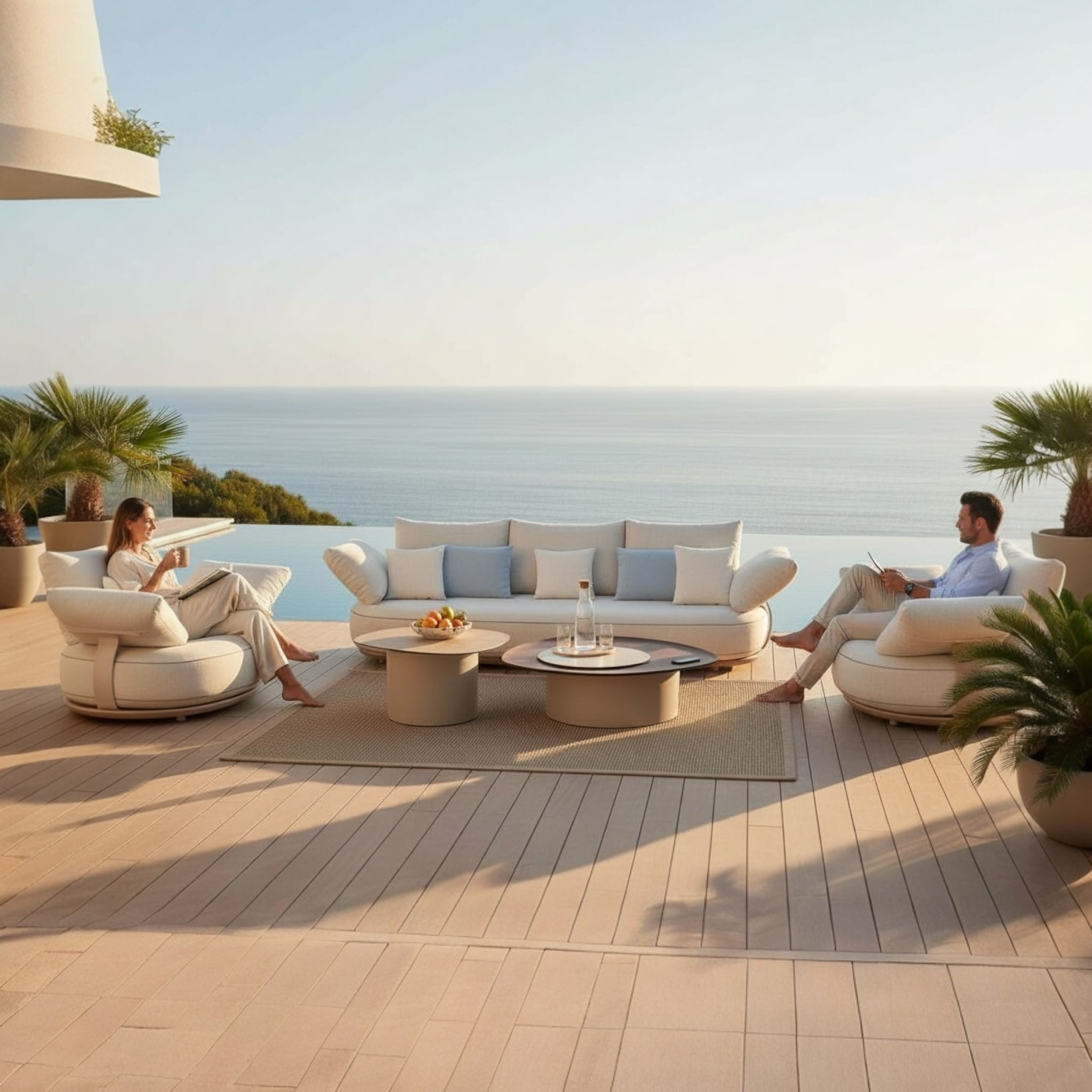 Canapé de jardin modulable luxe 5 places en aluminium avec structure bois FSC, coussins en tissu acrylique beige, design.