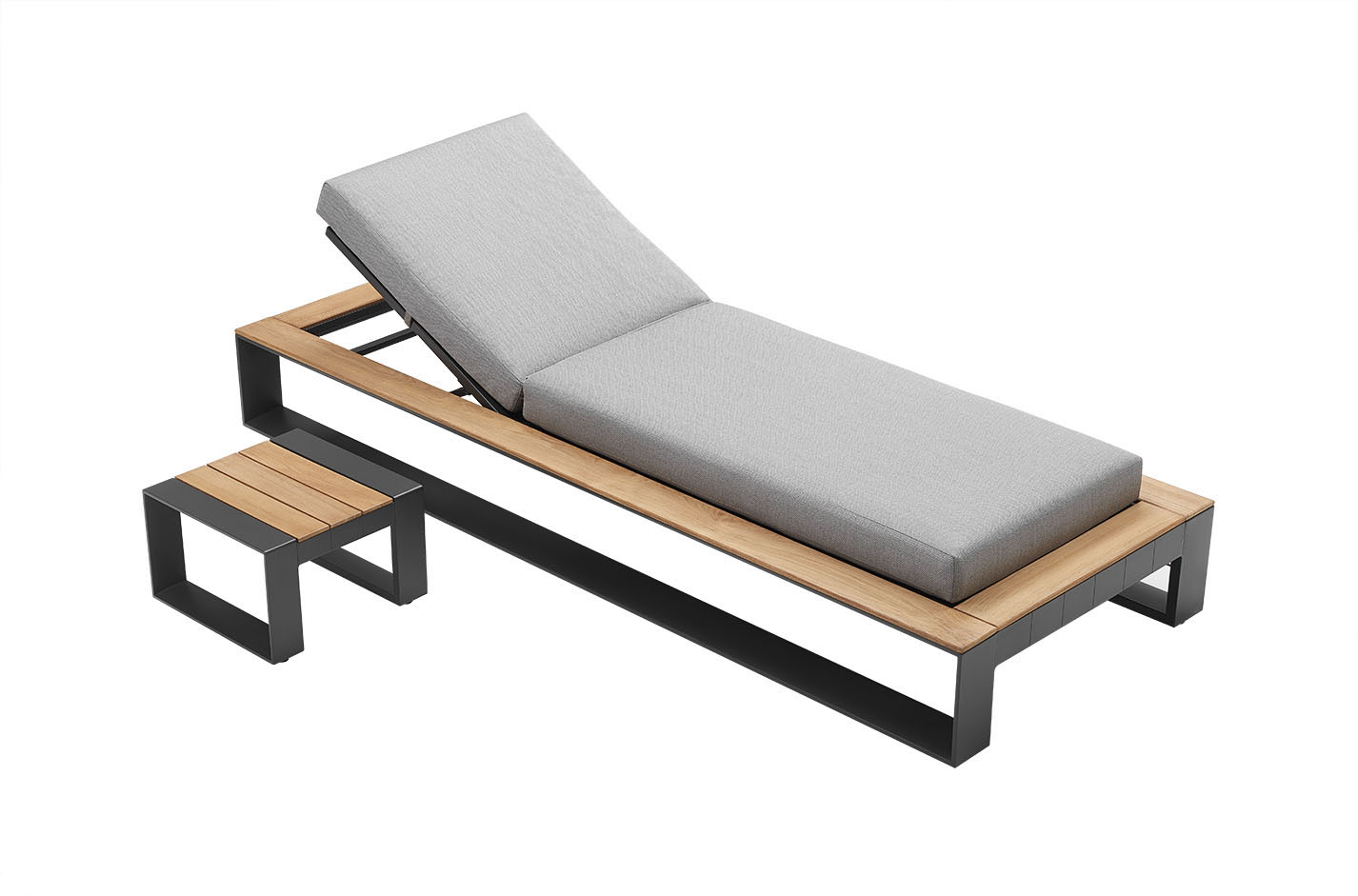 Bain de soleil contemporain en aluminium noir et Teck SFC avec coussin gris en tissu acrylique déhoussable et déperlant,.