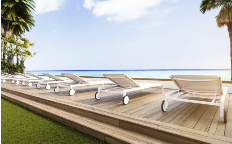Bain de soleil en aluminium haut de gamme avec assise en textilène beige, cadre épuré à peinture époxy blanche, position.