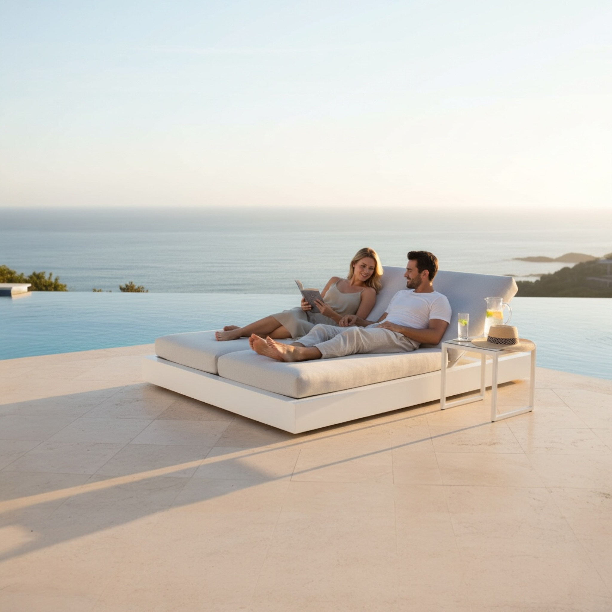 Lit de piscine double luxe en aluminium haut de gamme blanc, tissu 100% oléfine avec housse déperlante et déhoussable. 