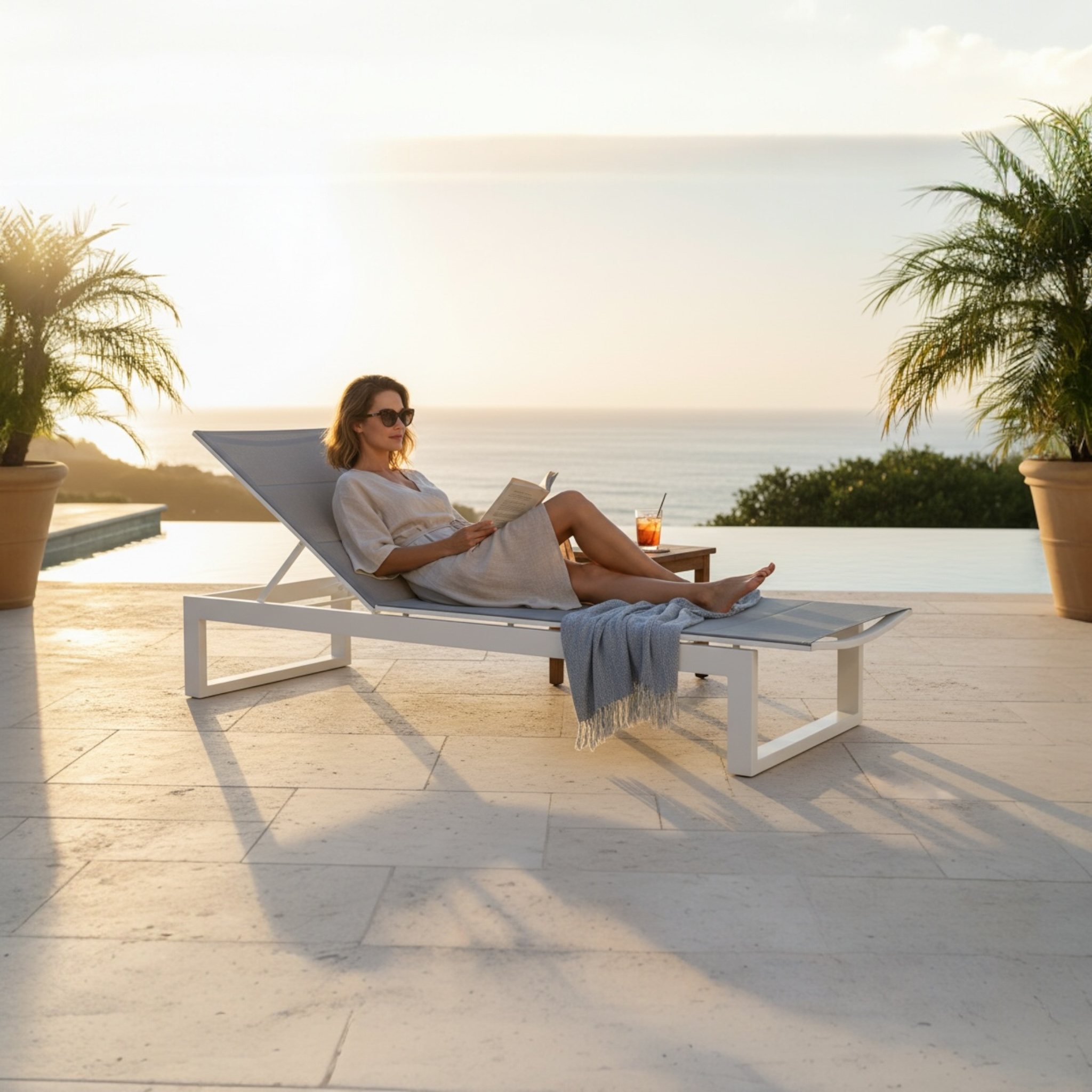 Bain de soleil en aluminium haut de gamme gris anthracite avec tissu 100% oléfine gris clair, housse déperlante. 