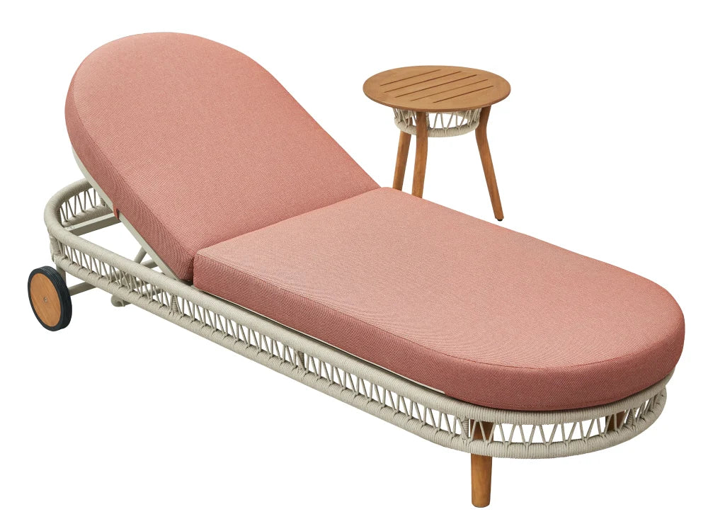 Bain de soleil en corde tressée beige avec structure en teck FSC, coussin déhoussable rose déperlant, design élégant.