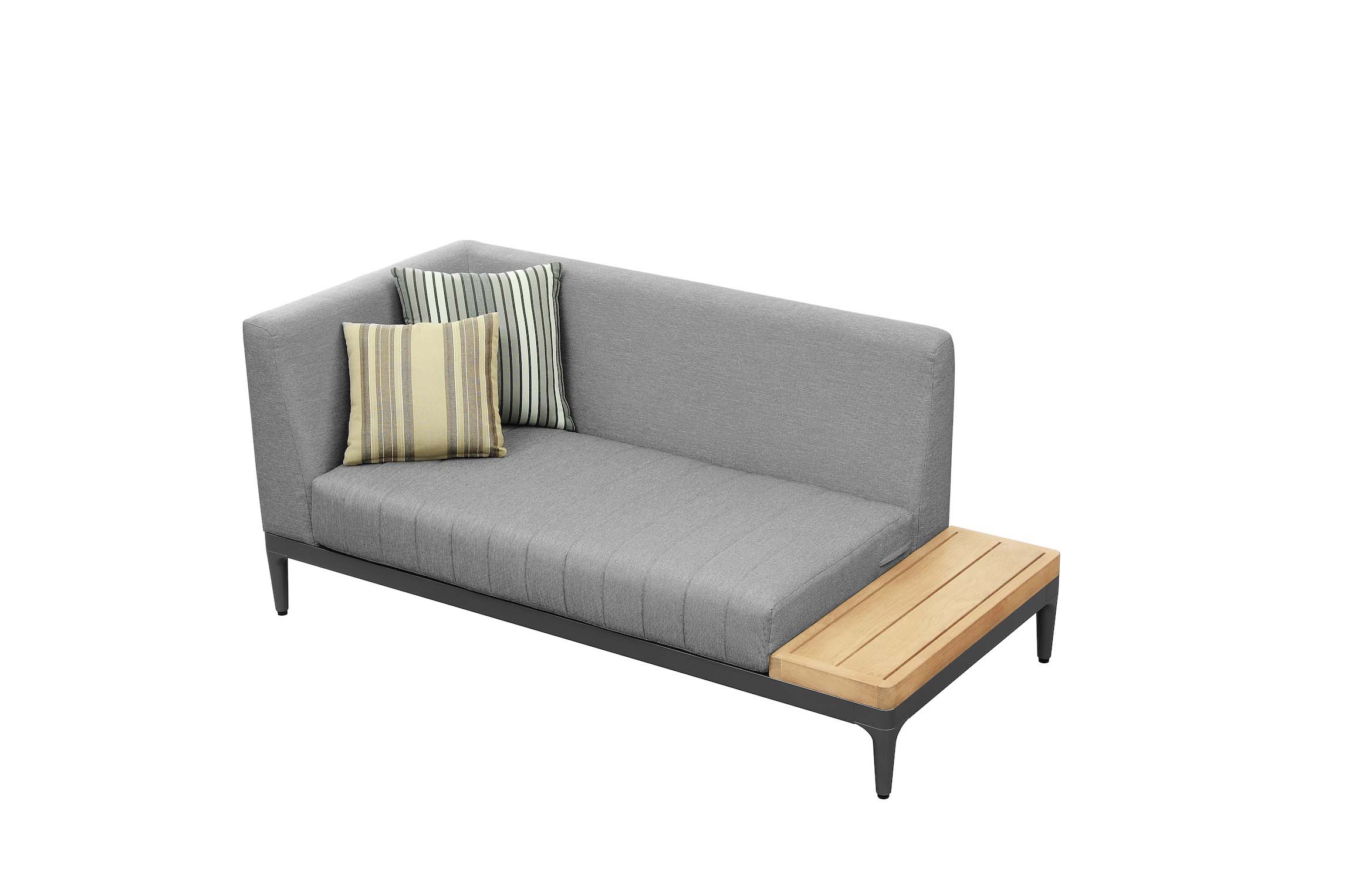 Salon de jardin d'angle avec structure aluminium inoxydable noire, coussins gris en tissu 100% Oléfine déperlant et.