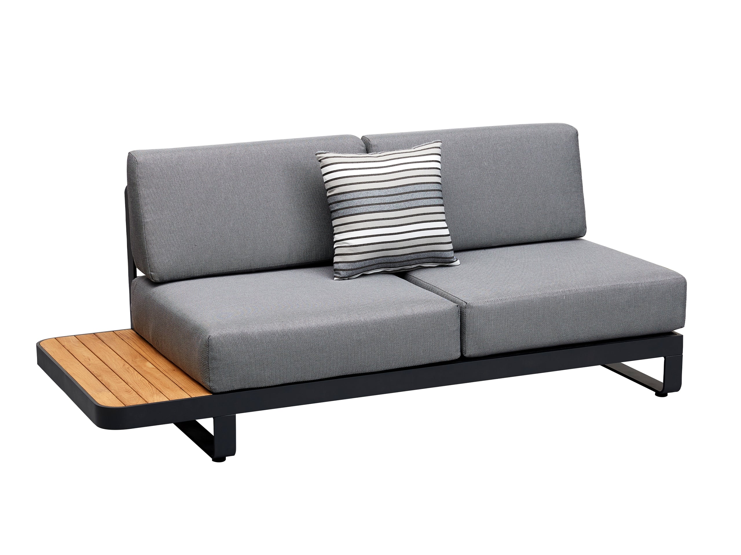 Canapé d'angle élégant en aluminium haut de gamme noir avec assises en tissu 100% oléfine gris, housse déperlante et déhoussable. 