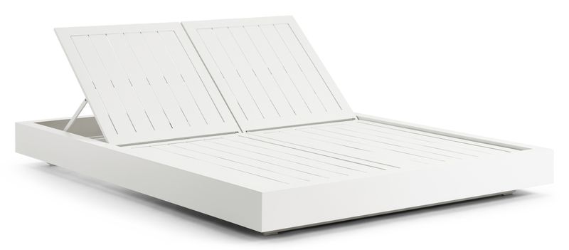 Lit de piscine double luxe en aluminium haut de gamme blanc, design épuré méditerranéen, dossier inclinable, structure en aluminium luxe. 
