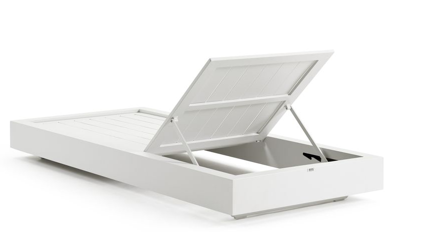 Bain de soleil luxe en aluminium haut de gamme blanc avec ouverture coffre, tissu 100% oléfine déperlant et déhoussable. 