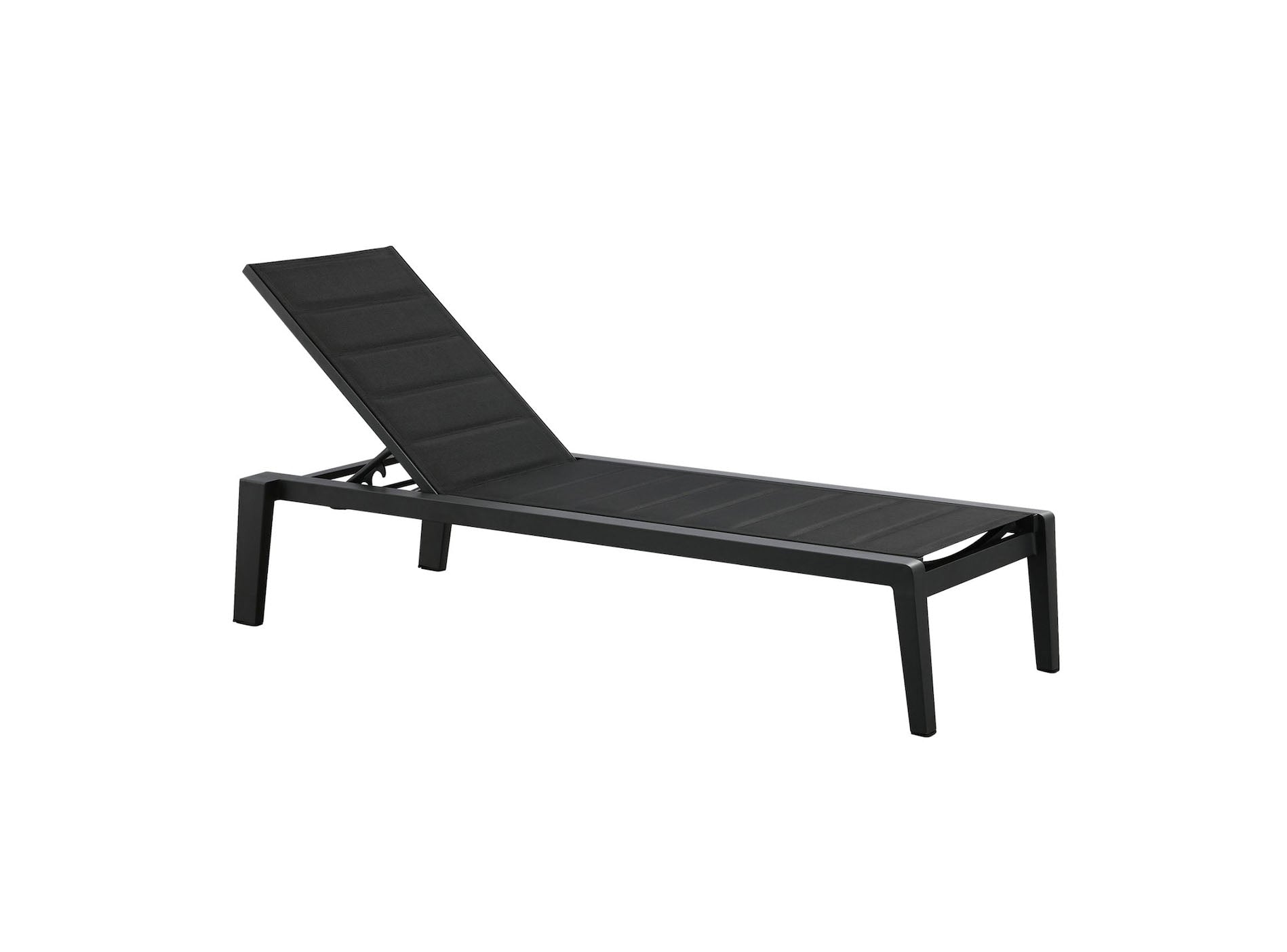Bain de soleil en aluminium haut de gamme noir, design minimaliste et élégant, dossier réglable, assise en tissu oléfine.