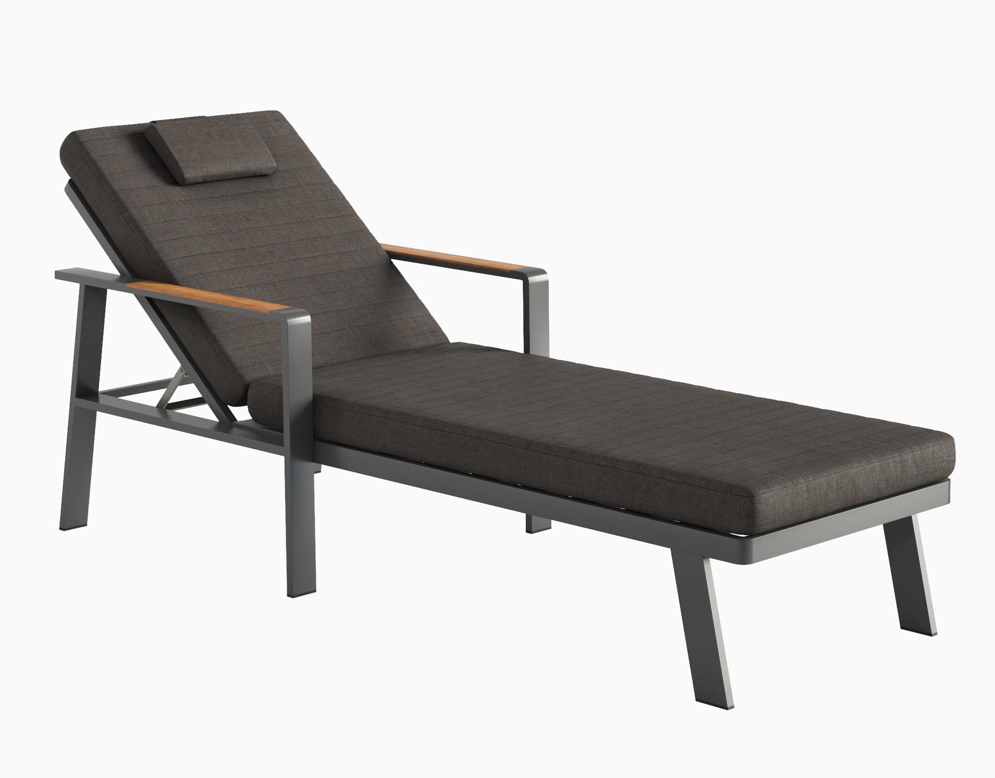 Bain de soleil luxe en aluminium haut de gamme et teck FSC, avec tissu oléfine noir, housse déperlante et déhoussable. 