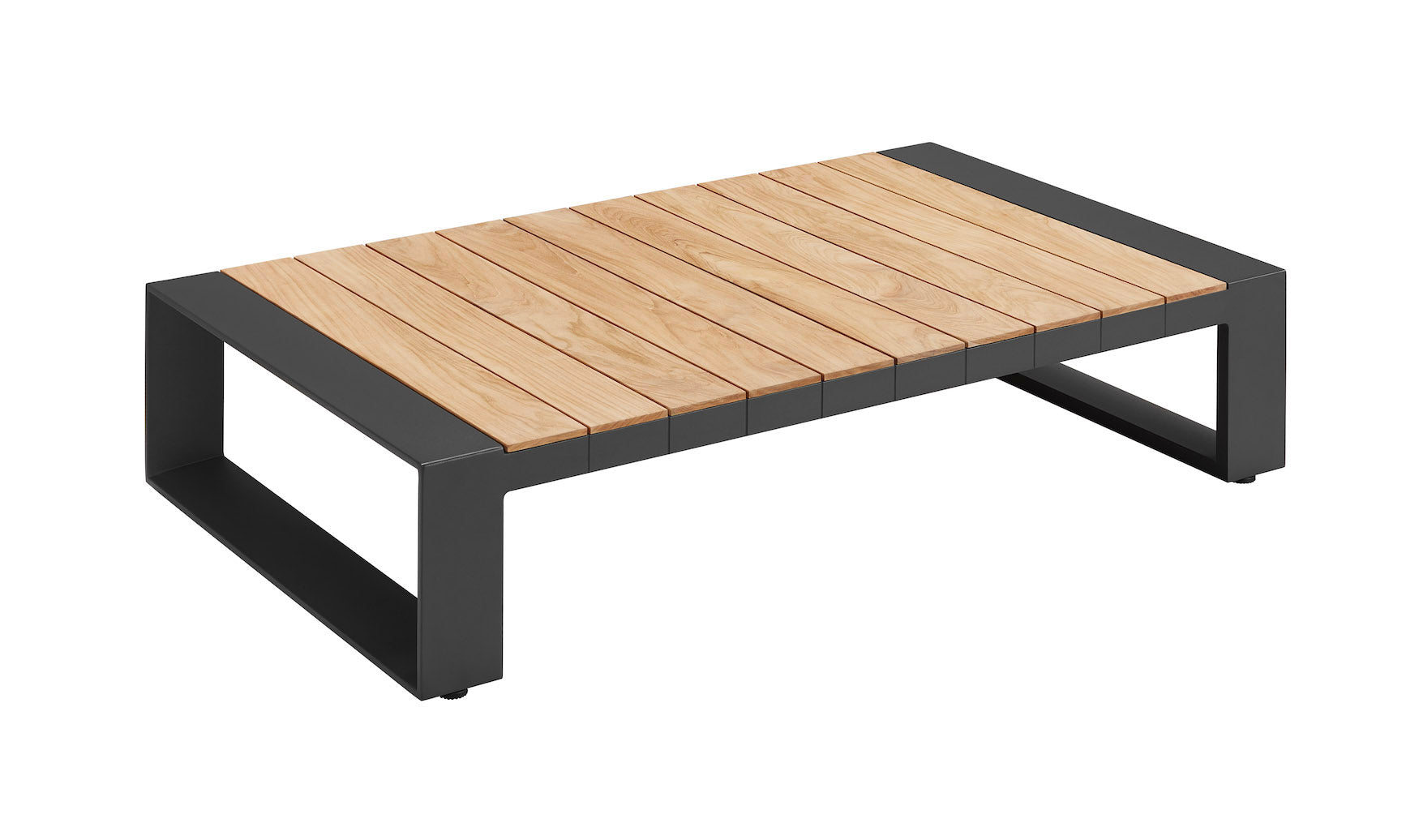 Table basse rectangulaire en aluminium noir mat avec plateau en Teck SFC naturel, design contemporain et élégant, durable et .