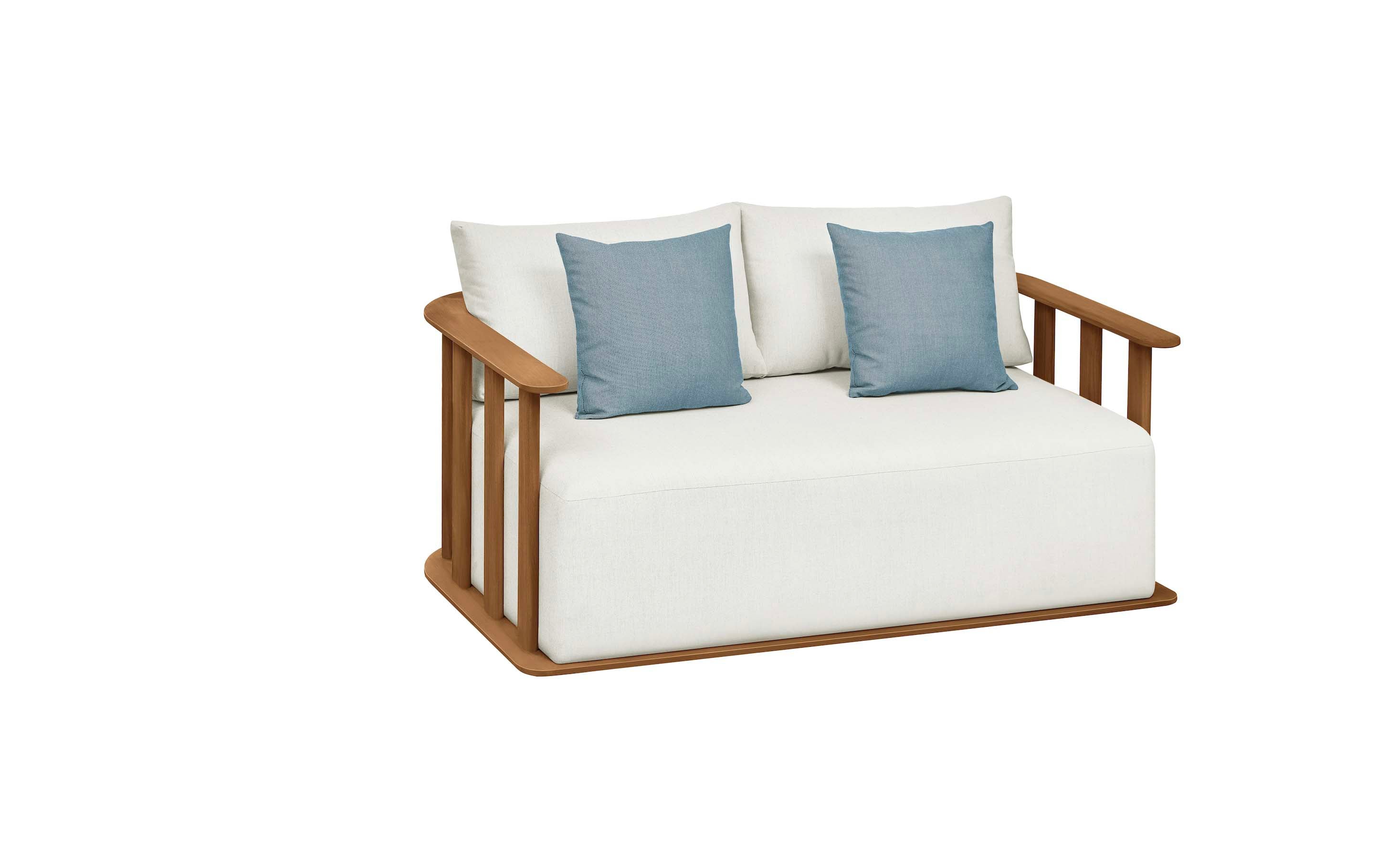 Salon d'extérieur 2 places en teck FSC massif, coussins larges en tissu acrylique déperlant blanc avec housse déhoussable. 