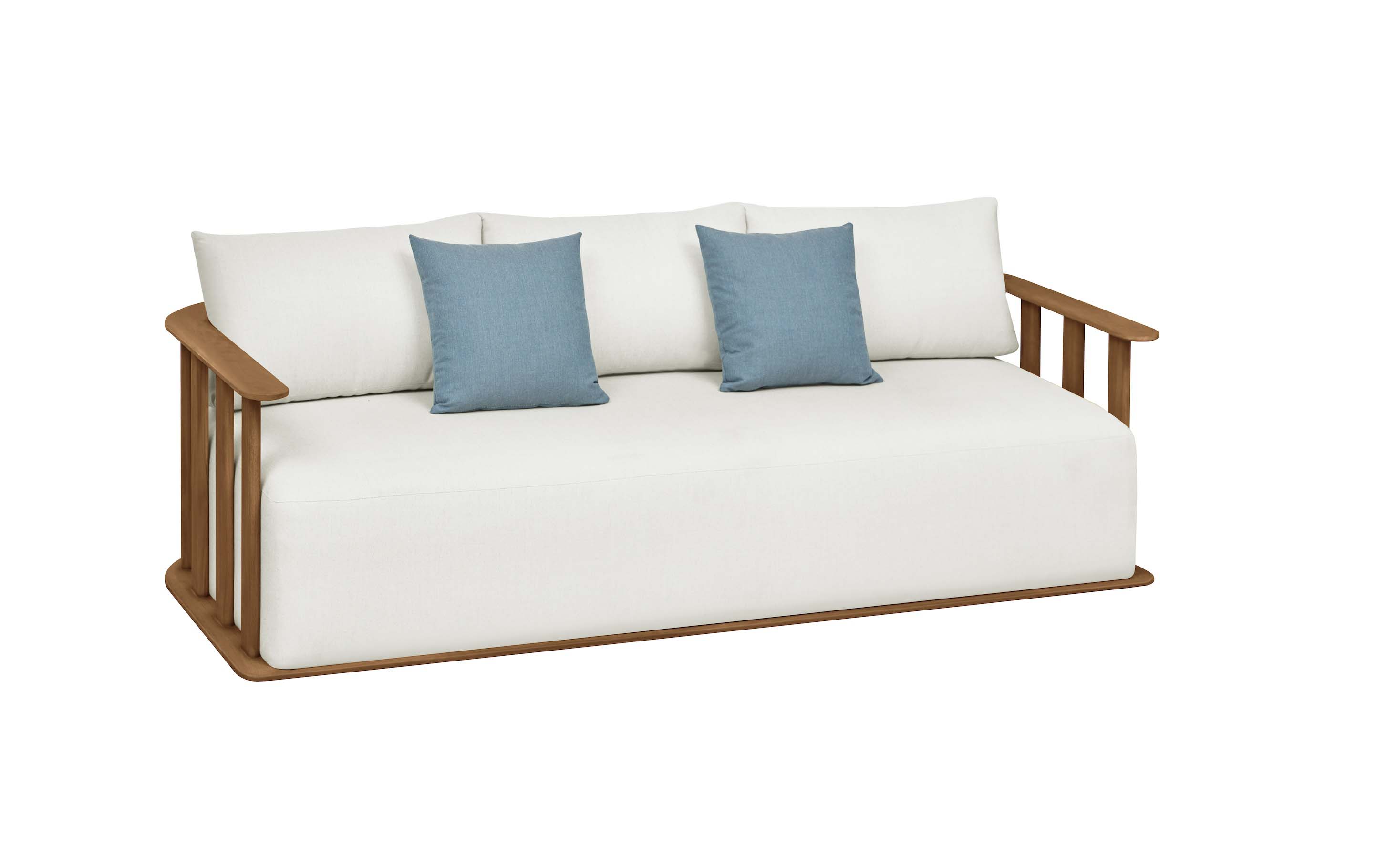 Canapé 3 places en teck FSC massif avec coussins en tissu acrylique déperlant ivoire, design italien élégant, housse.