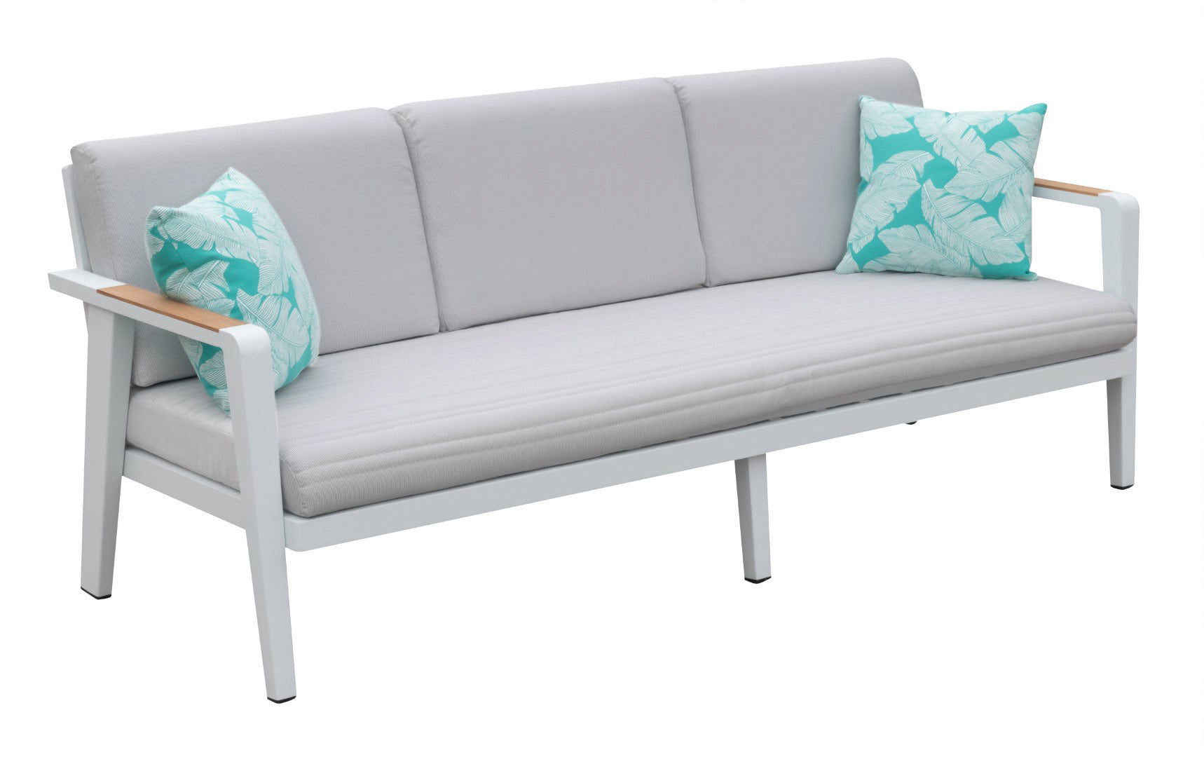 Salon de jardin luxe en aluminium haut de gamme blanc avec assise en tissu oléfine gris clair, accoudoirs en teck FSC. 