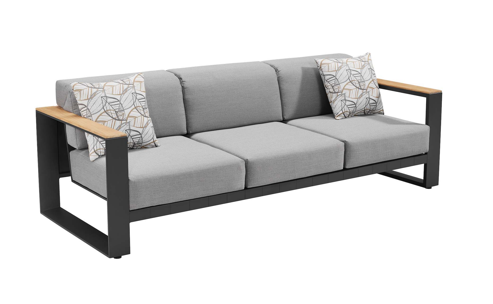 Canapé 5 places luxe en aluminium noir et Teck SFC, coussins gris en tissu acrylique déperlant et déhoussable, design.