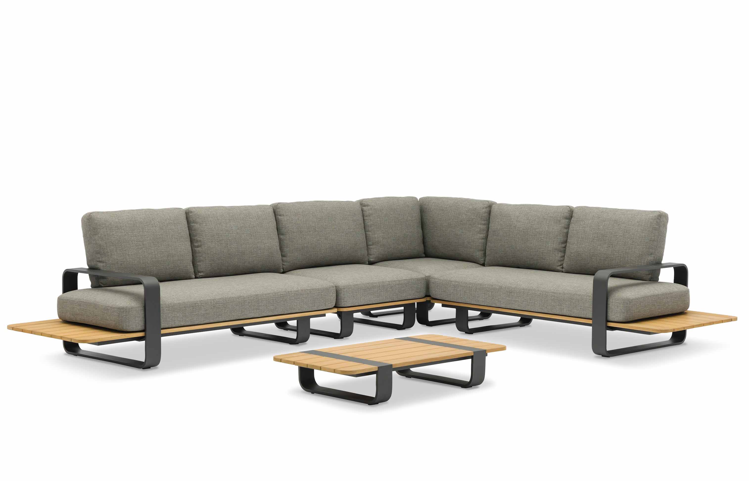 Salon d'angle luxe modulable en aluminium design gris anthracite, coussins en tissu 100% Sunproof Oléfine beige, plateau en teck FSC
