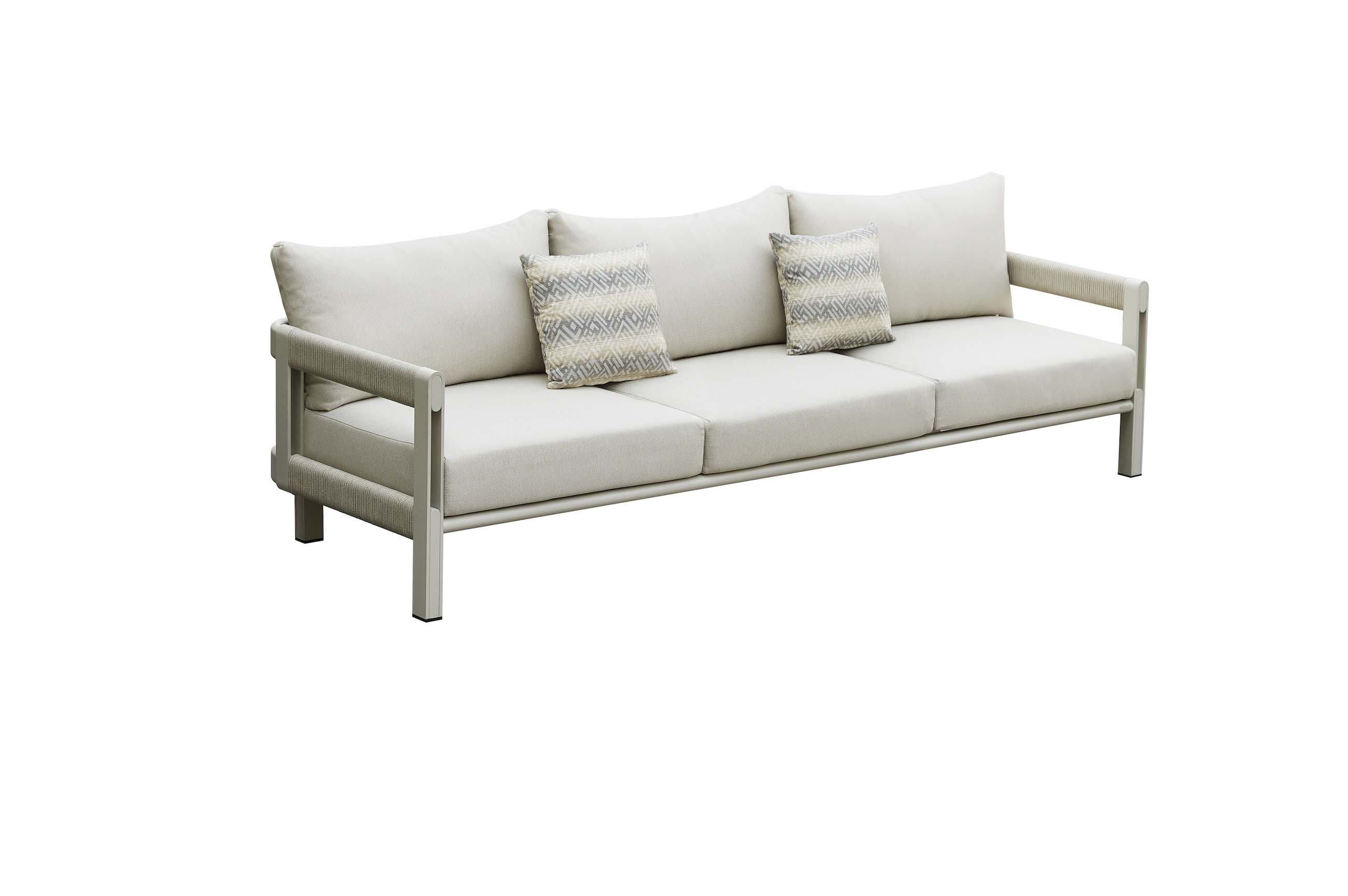 Canapé design italien 3 places en aluminium et corde, coussins luxe déhoussables en fibre oléfine 100% déperlante