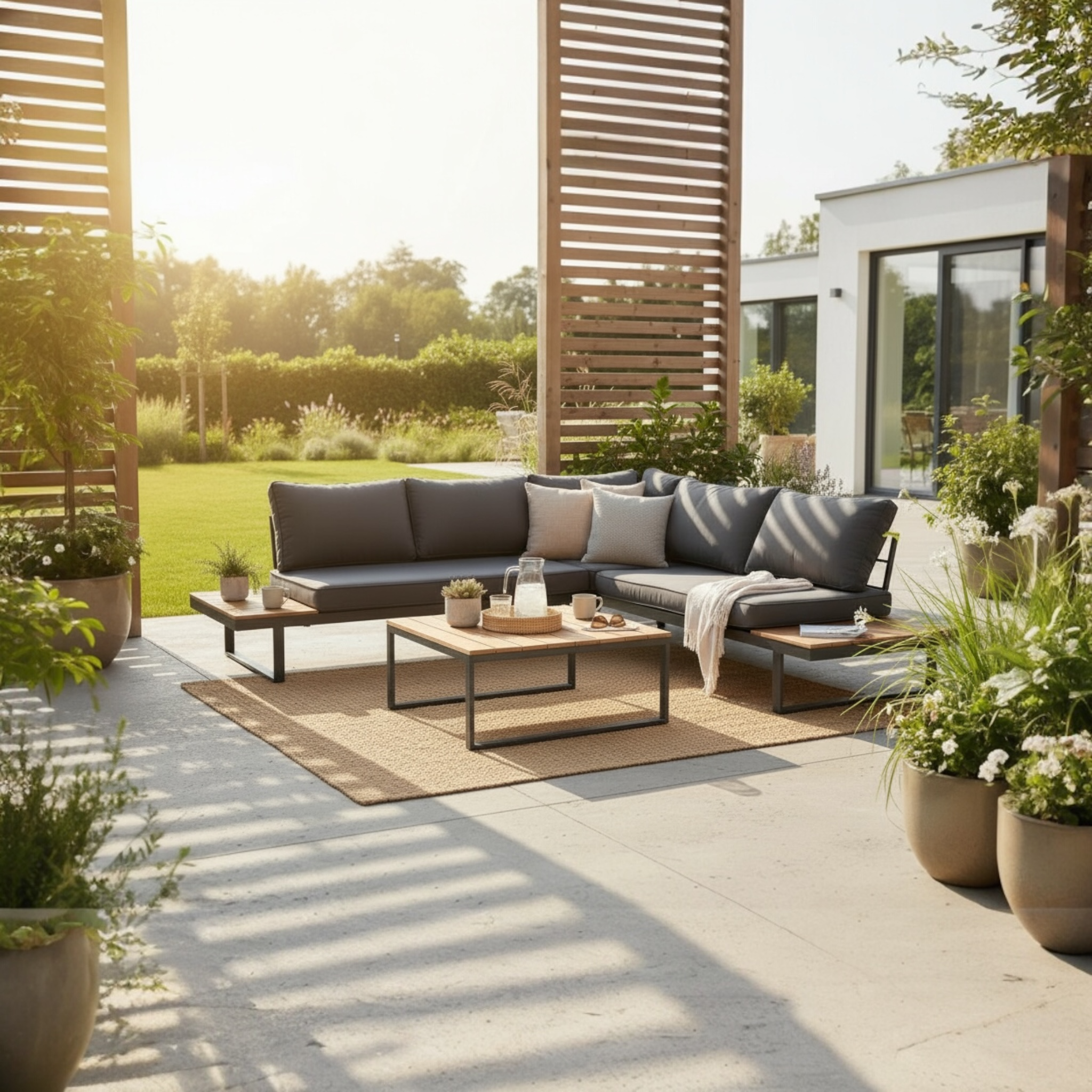 Salon de jardin en aluminium haut de gamme couleur gris, canapé d’angle avec coussins sombres, structure en composite.