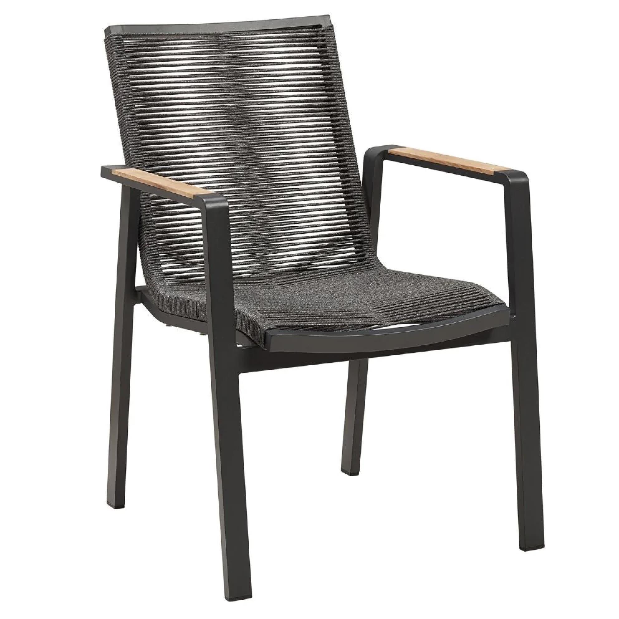 Fauteuil de restaurant extérieur empilable en aluminium haut de gamme gris, accoudoirs en teck FSC. 