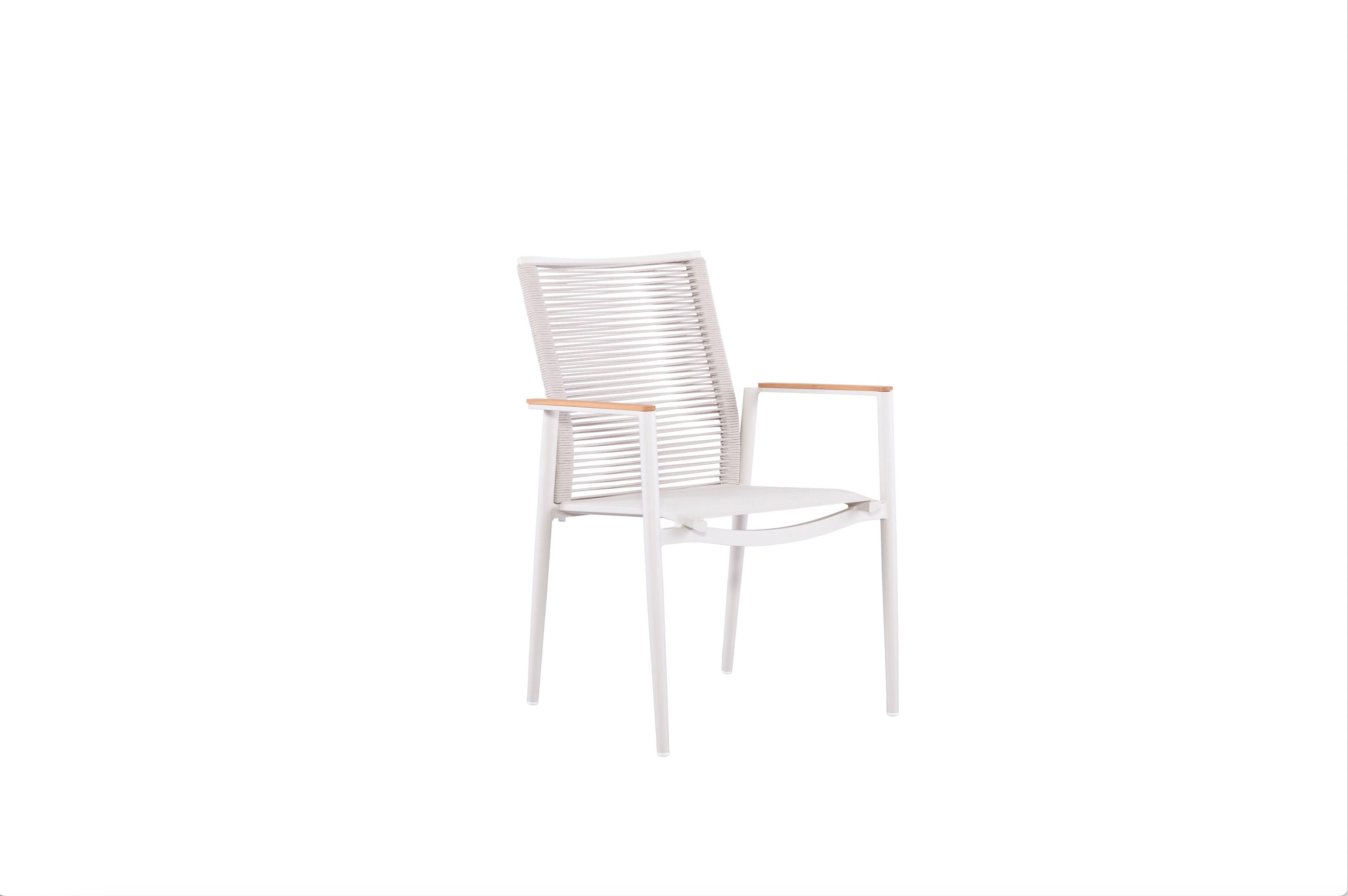 Chaise repas jardin beige empilable en aluminium haut de gamme inoxydable avec accoudoirs en teck, design élégant. 