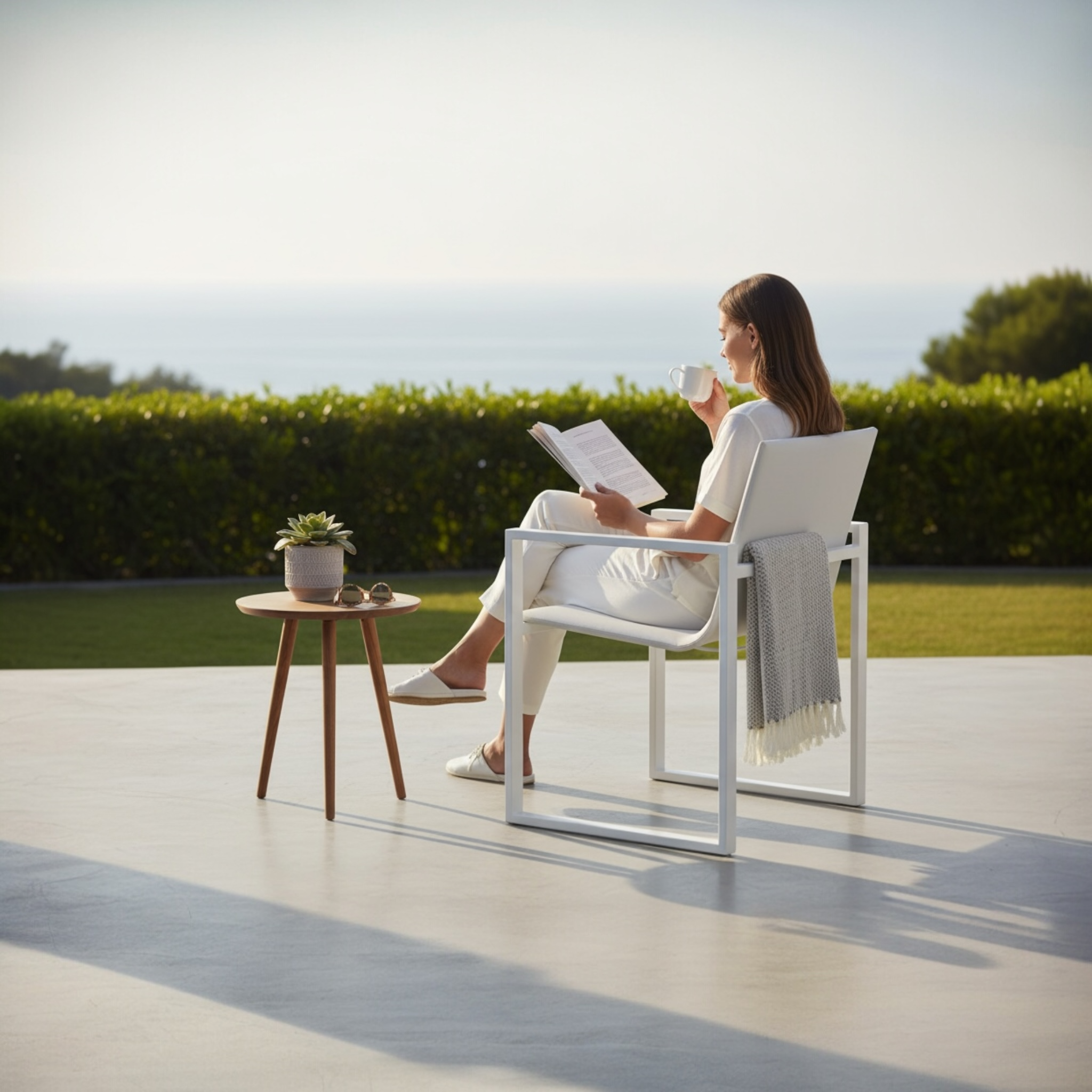 Chaise de jardin design en aluminium haut de gamme blanc avec tissu 100% oléfine déperlant et déhoussable, élégance.