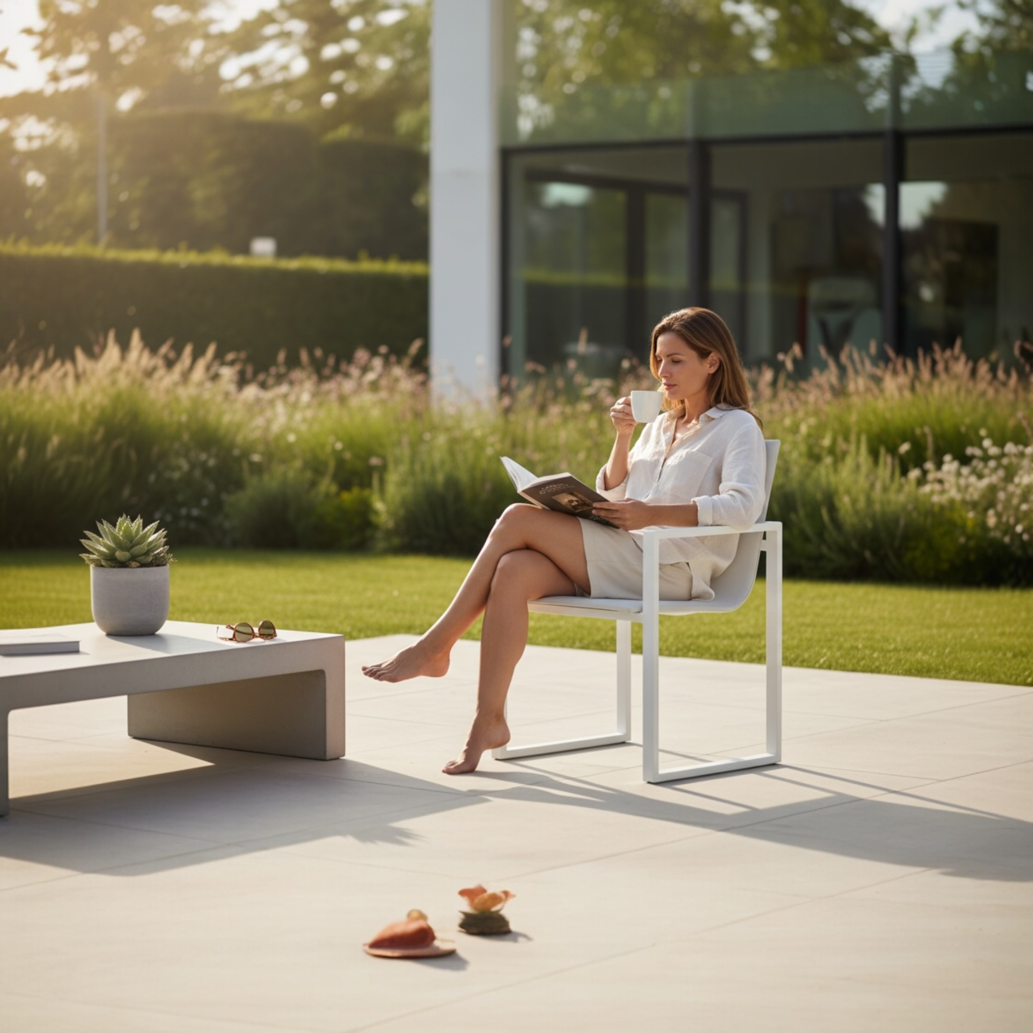 Chaise de jardin design en aluminium haut de gamme blanc avec housse déperlante et déhoussable en tissu 100% oléfine, pieds.