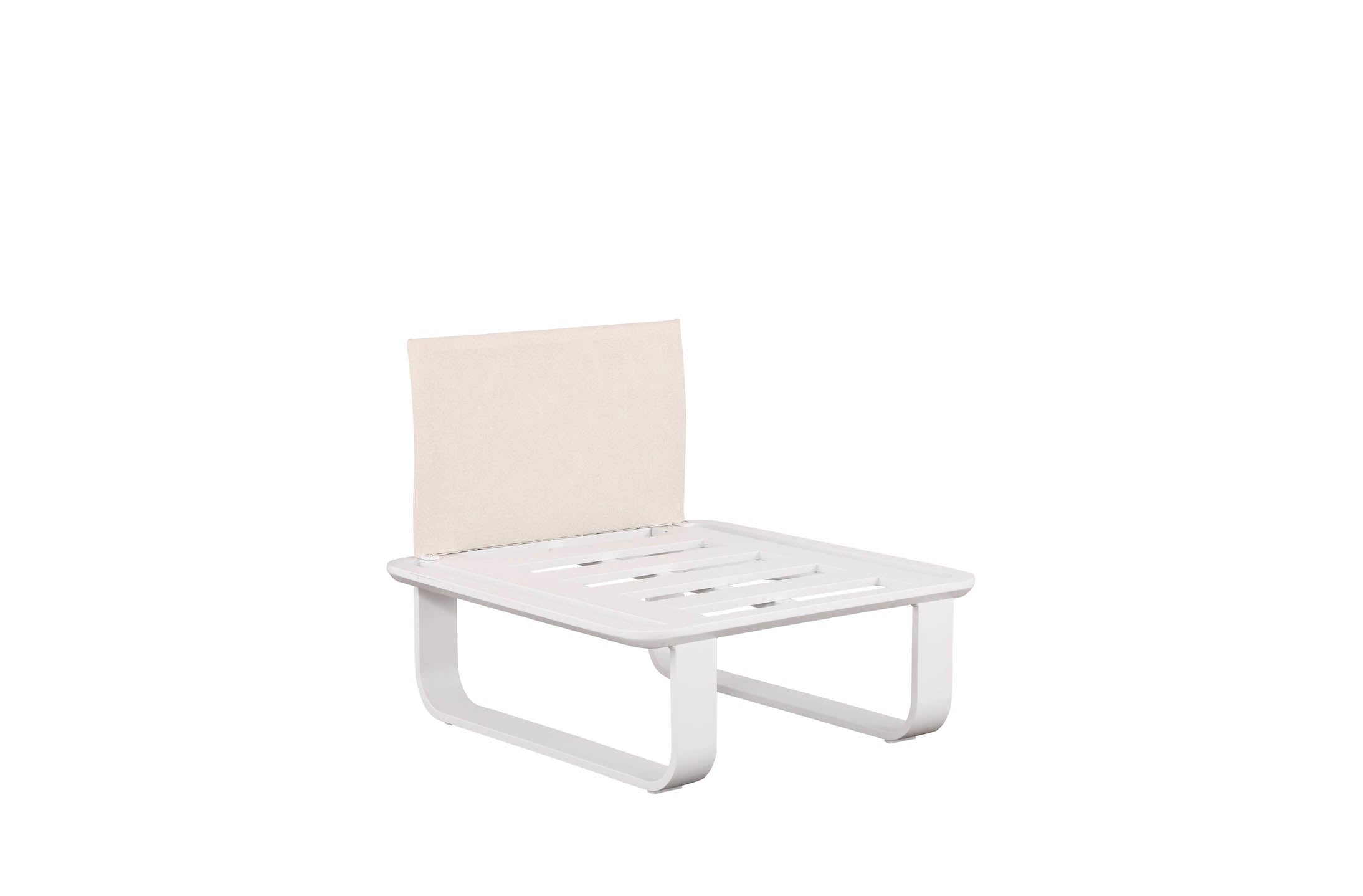 Salon de jardin d'angle en aluminium haut de gamme blanc avec dossier en tissu beige, design épuré et moderne, matériaux.
